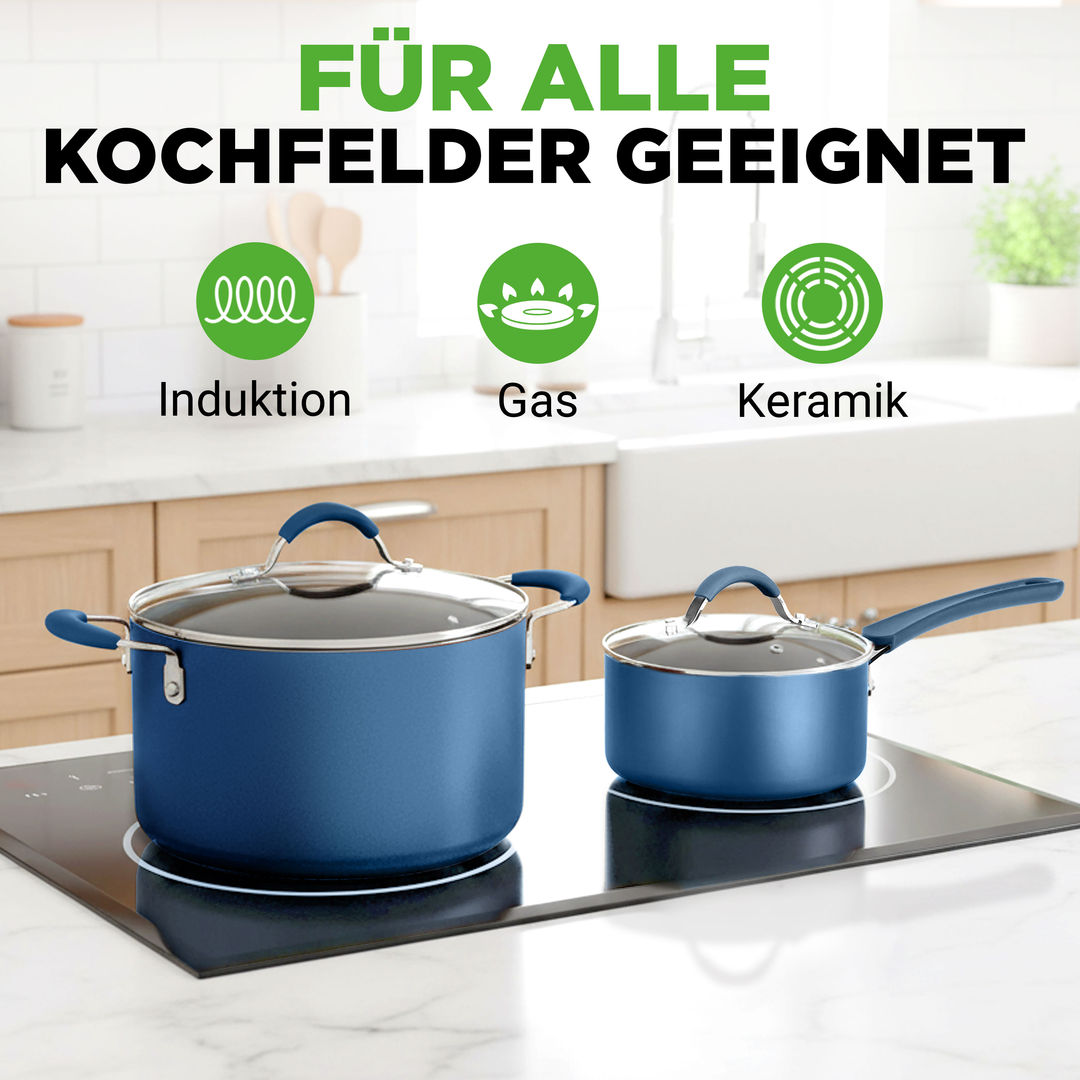 Blaue Töpfe auf einem modernen Induktionskochfeld mit Text über Eignung für alle Herdarten.