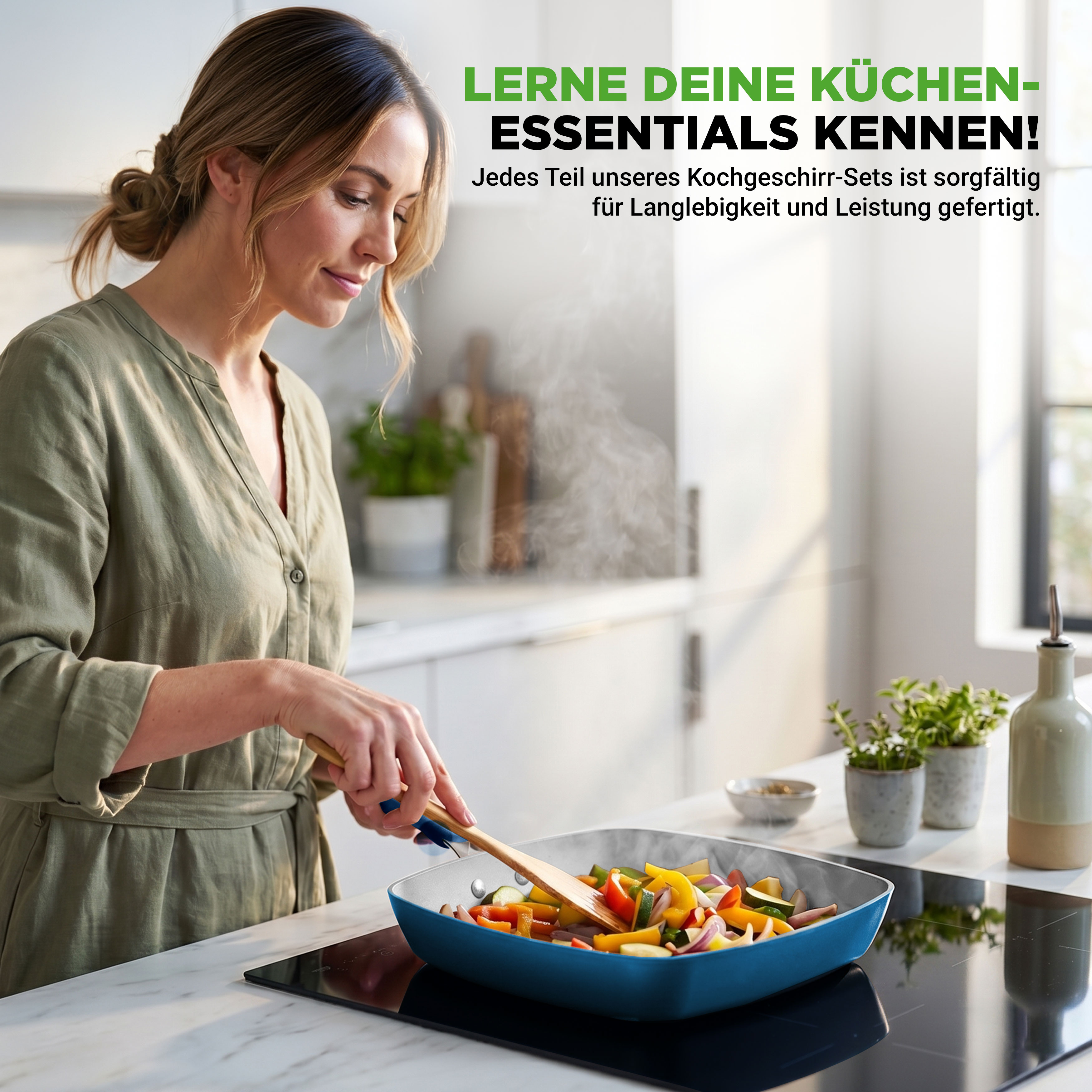 Eine Frau kocht Gemüse in einer blauen Pfanne auf einem Induktionskochfeld.