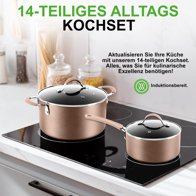 Zwei braune Kochtopf-Sets mit Deckel stehen auf einem Induktionskochfeld.