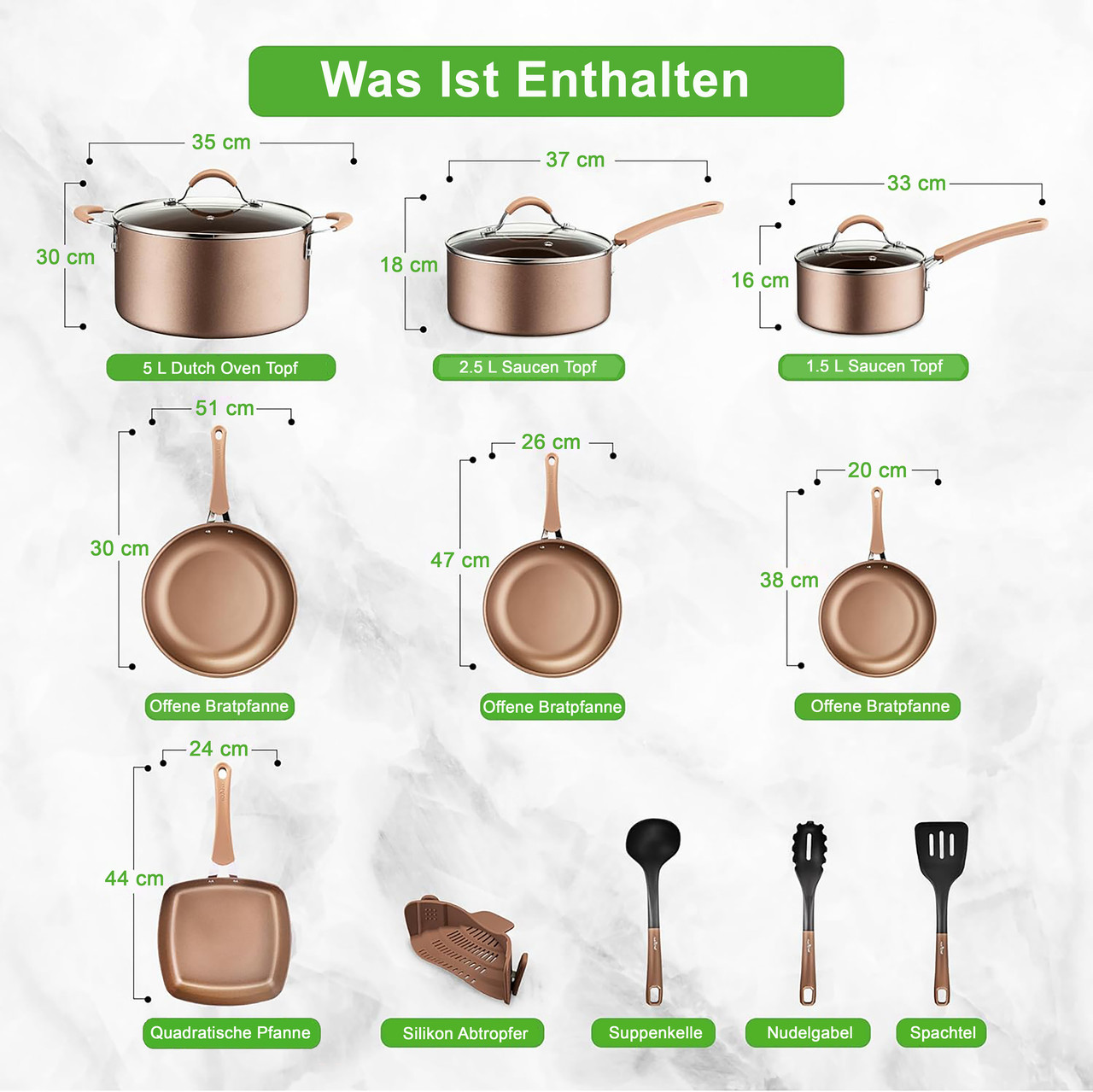 Eine Auswahl an Kochgeschirr, darunter Töpfe, Pfannen und Küchenutensilien.