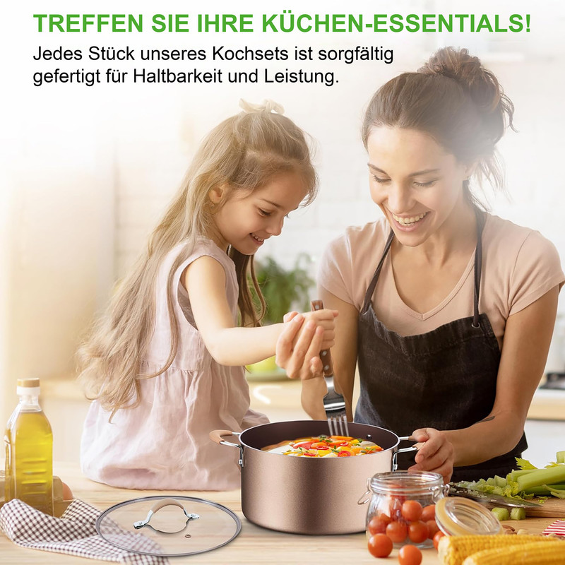 Mutter und Kind kochen in der Küche mit einem Topf und Gemüse.