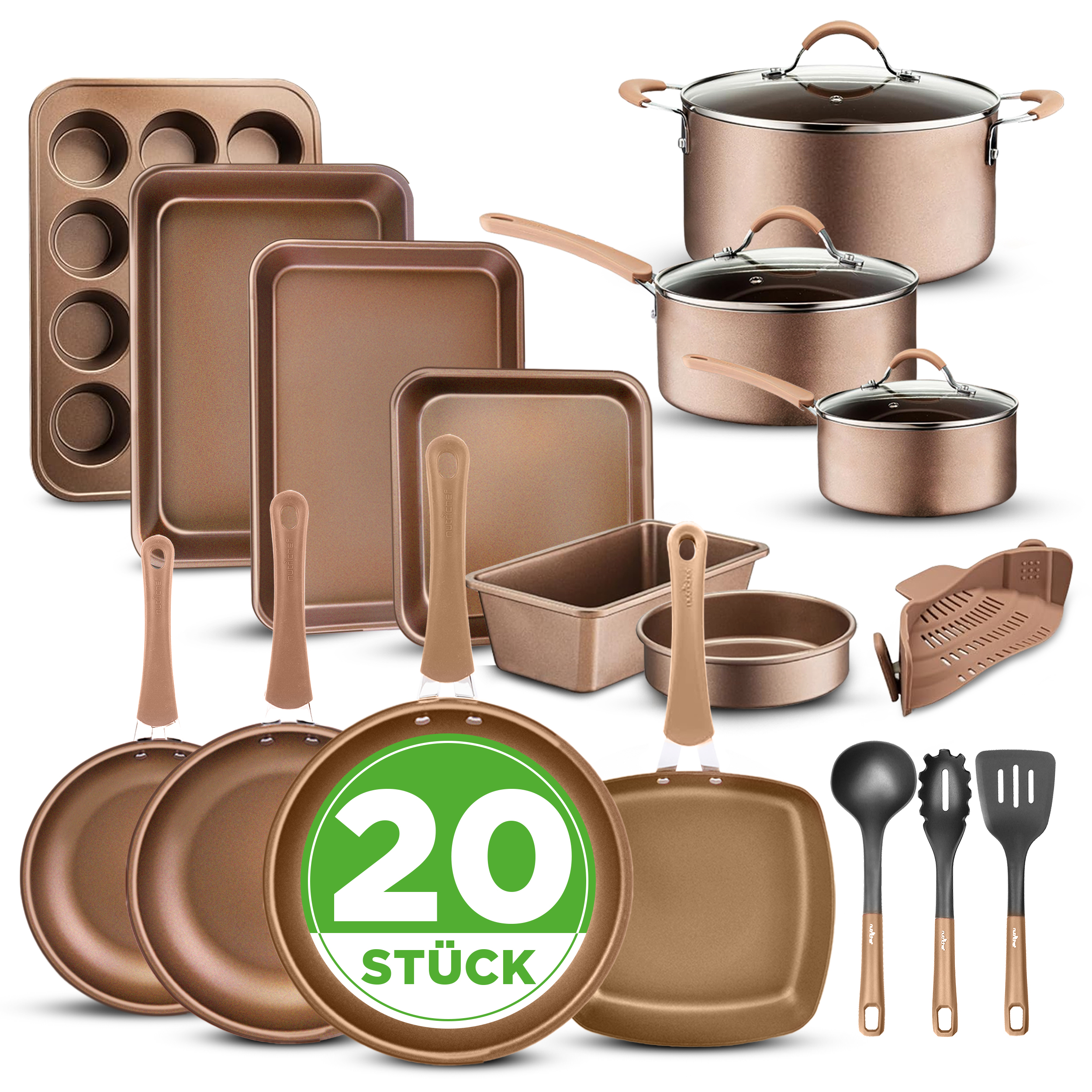 Bronzefarbene Kochgeschirr-Kollektion mit Töpfen, Pfannen, Backformen und Utensilien.