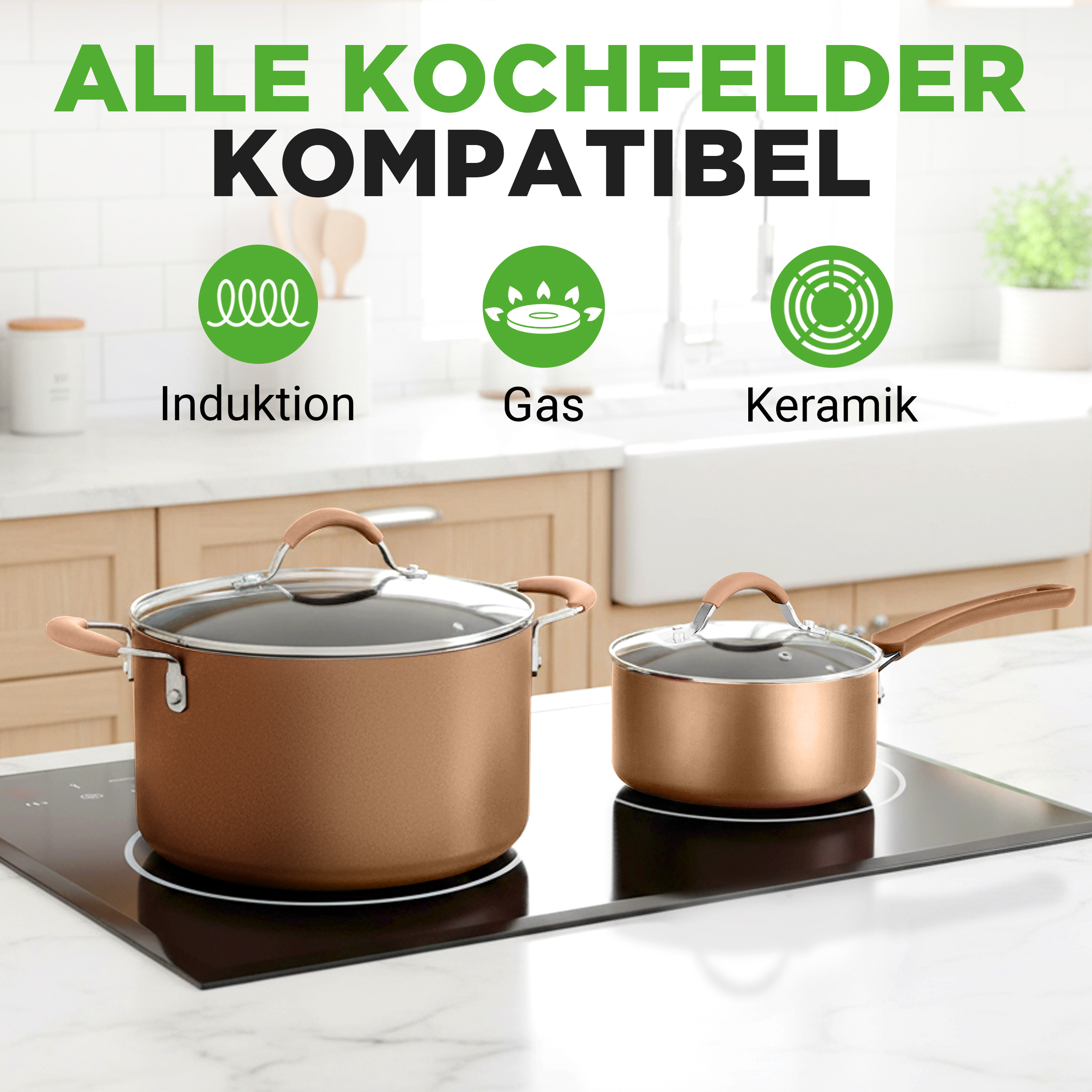 Zwei bronzefarbene Töpfe auf einem Induktionskochfeld mit Symbolen für Induktion, Gas und Keramik.