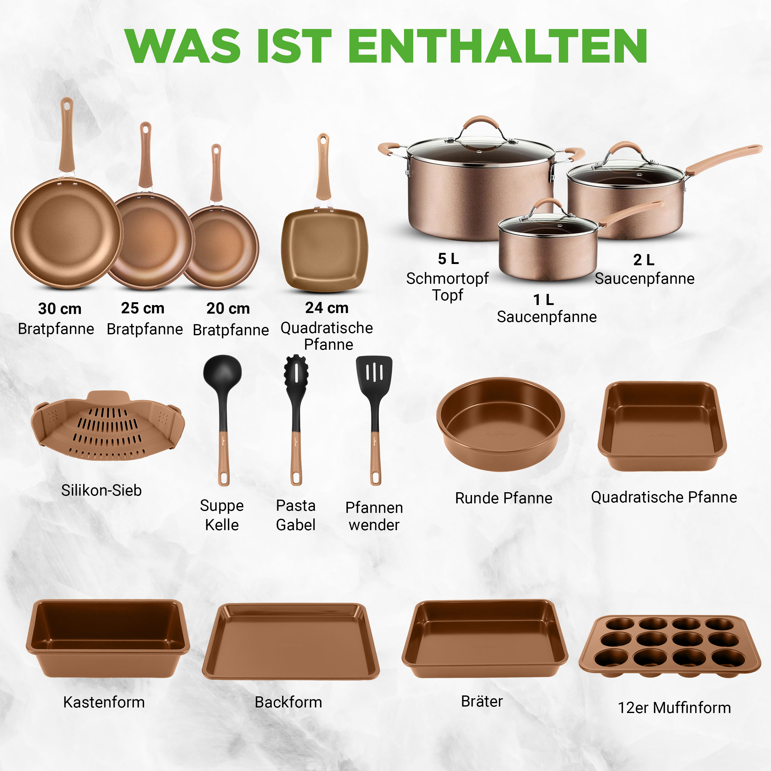 Eine Sammlung von Küchenutensilien in Kupferfarbe, darunter Pfannen, Töpfe und Backformen.
