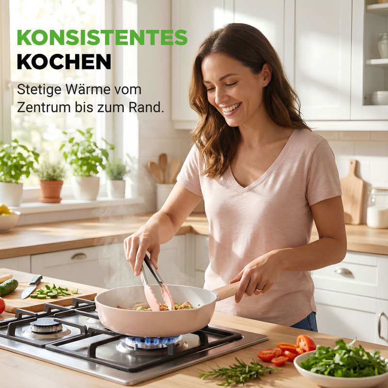Eine lächelnde Frau kocht in einer Küche auf einem Gasherd.