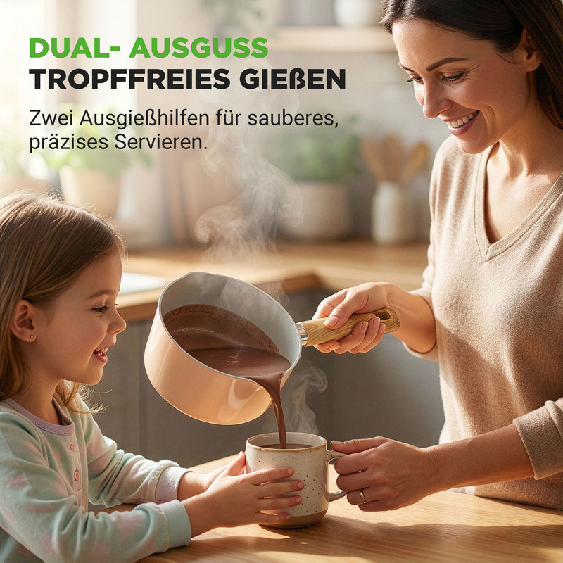 Eine Frau gießt mit einem Topf heiße Schokolade in eine Tasse für ein Kind.