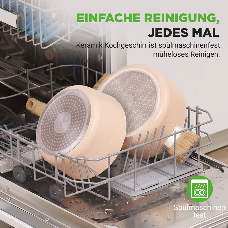 Zwei Kochgeschirre aus Keramik in einem Geschirrspüler.