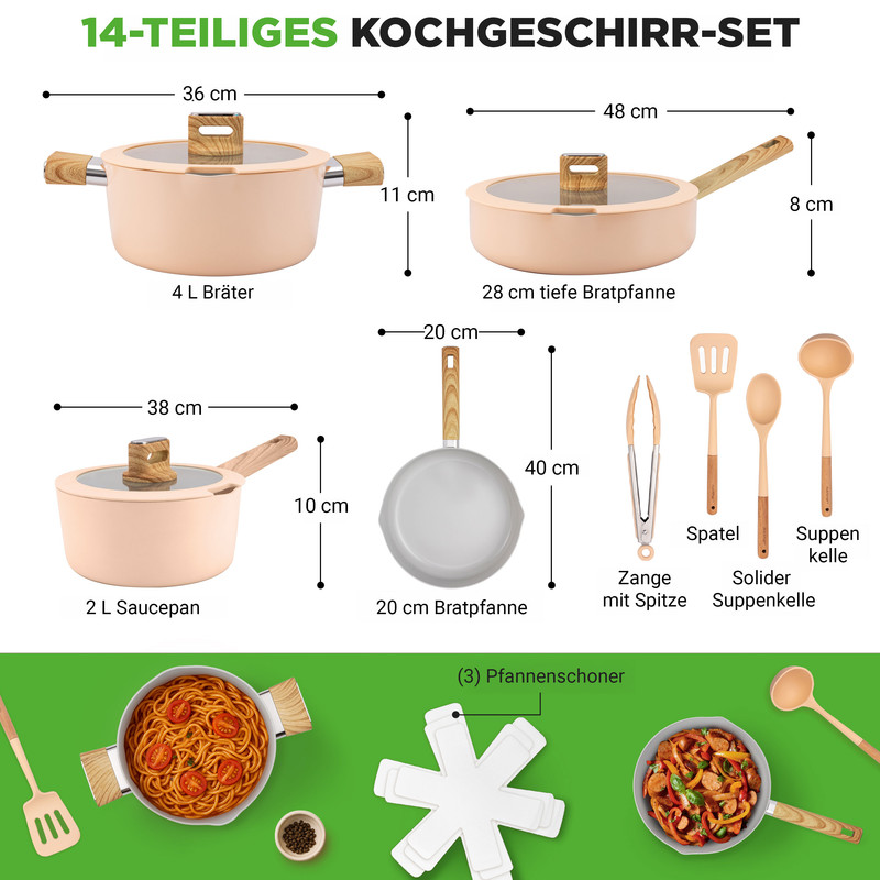 Übersicht eines 14-teiligen Kochgeschirr-Sets mit Maßen und Zubehör.