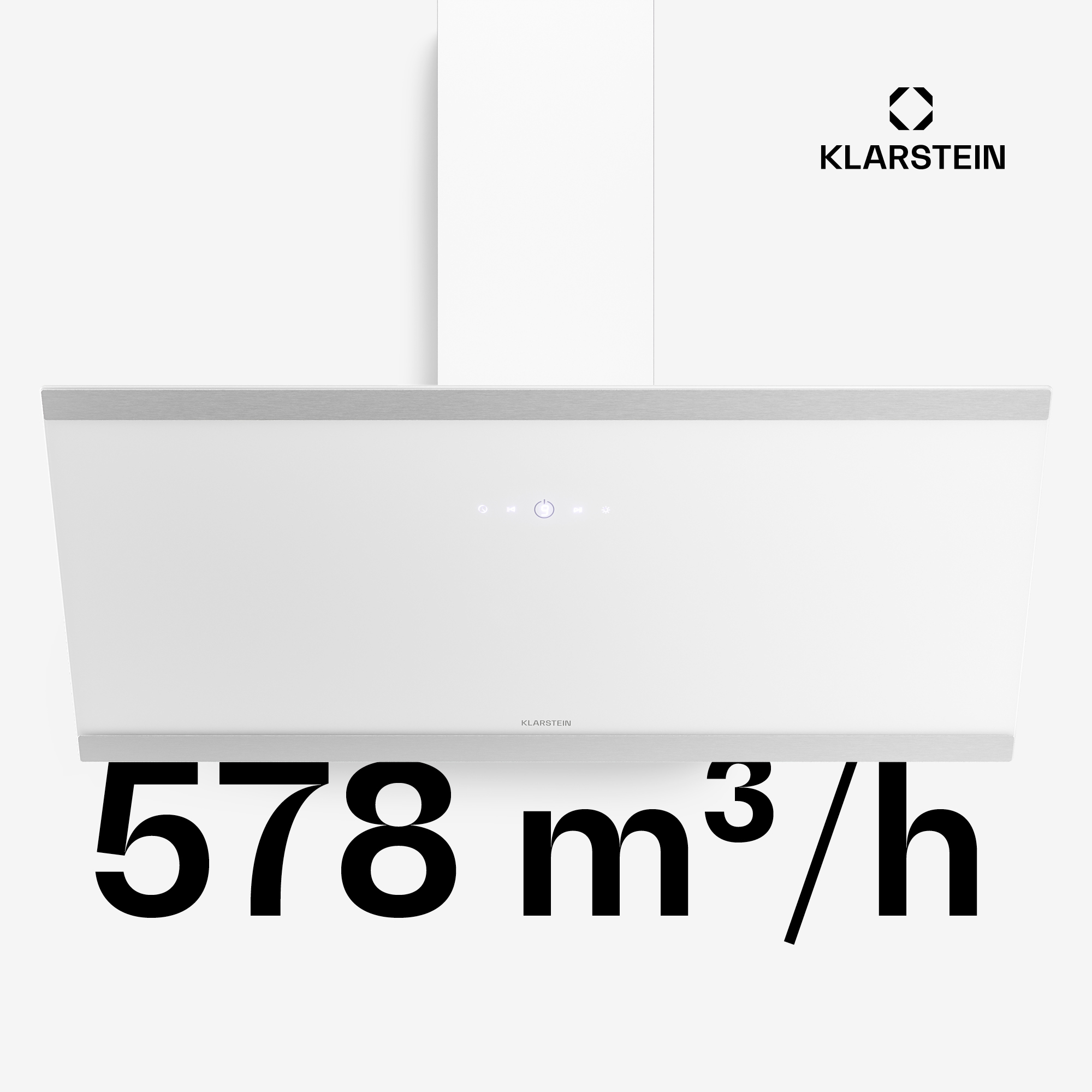 Eine weiße Dunstabzugshaube mit Klarstein-Logo und Leistungsangabe 578 m³/h.