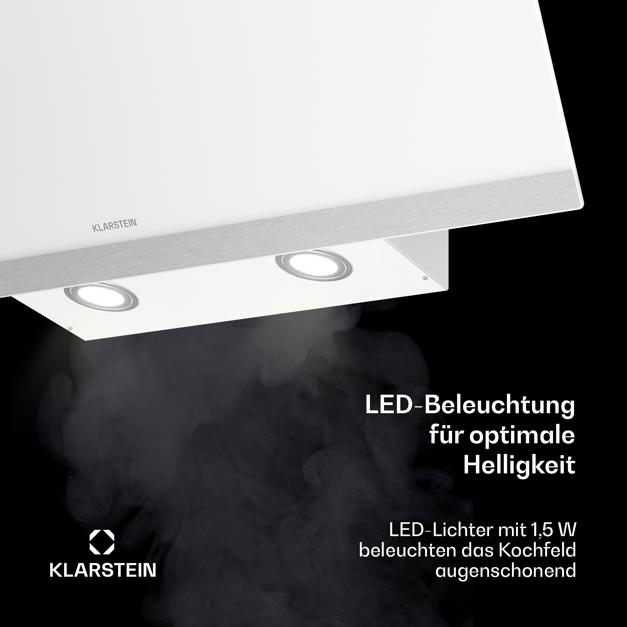 Eine weiße Dunstabzugshaube mit zwei LED-Leuchten und Rauch.
