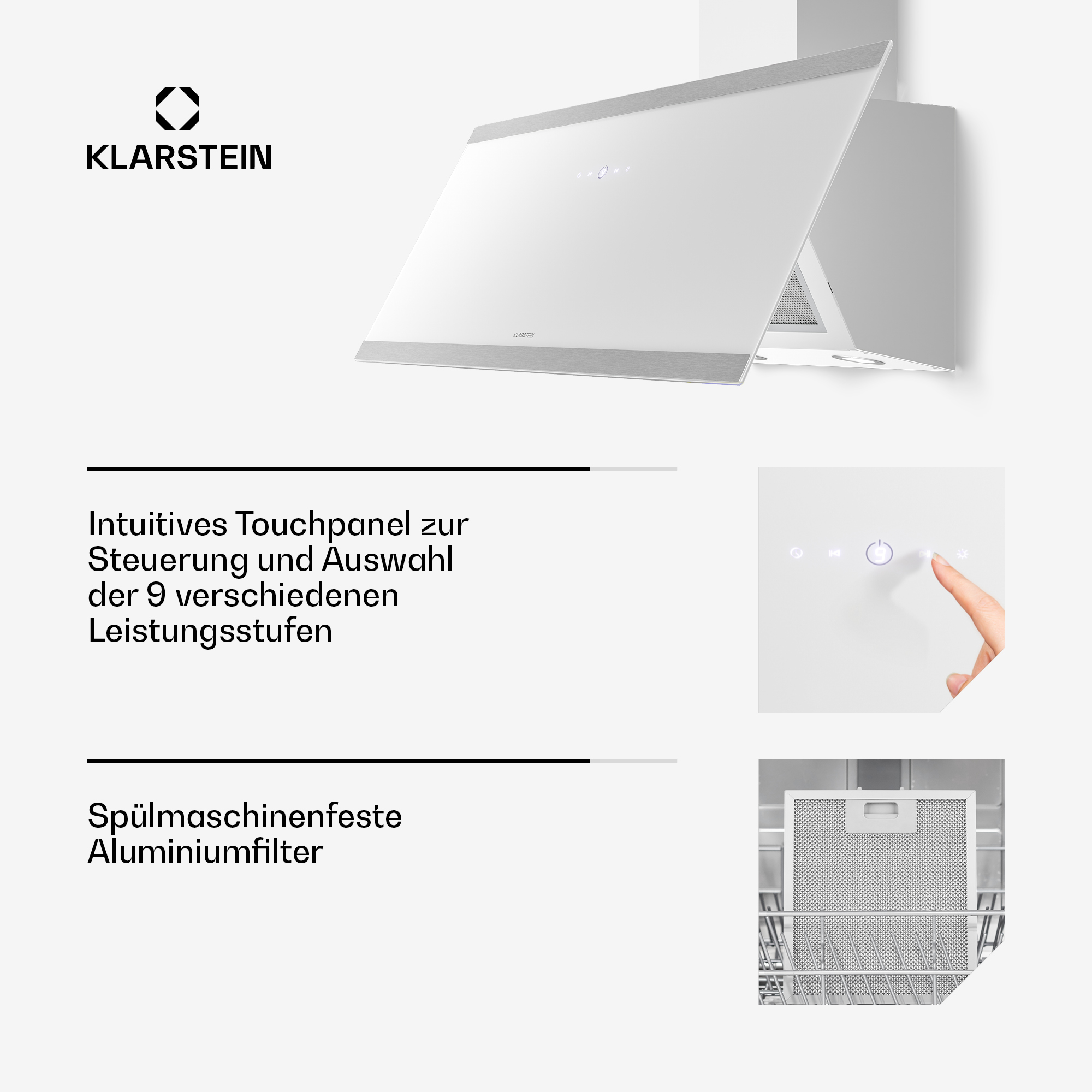 Eine weiße Dunstabzugshaube mit Touchpanel und Aluminiumfilter.