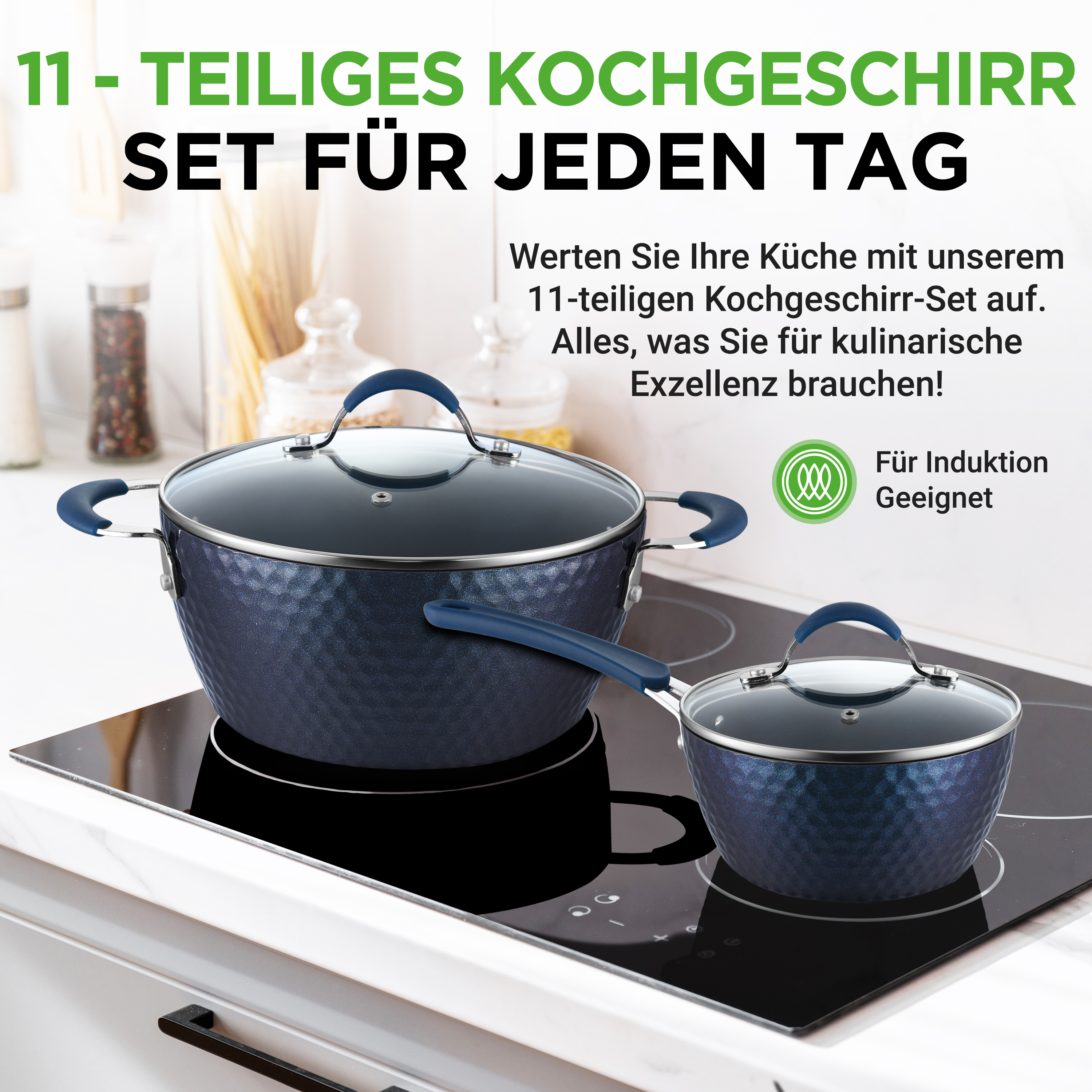 Ein blaues 11-teiliges Kochgeschirr-Set auf einem Induktionskochfeld, bereit für kulinarische Exzellenz.