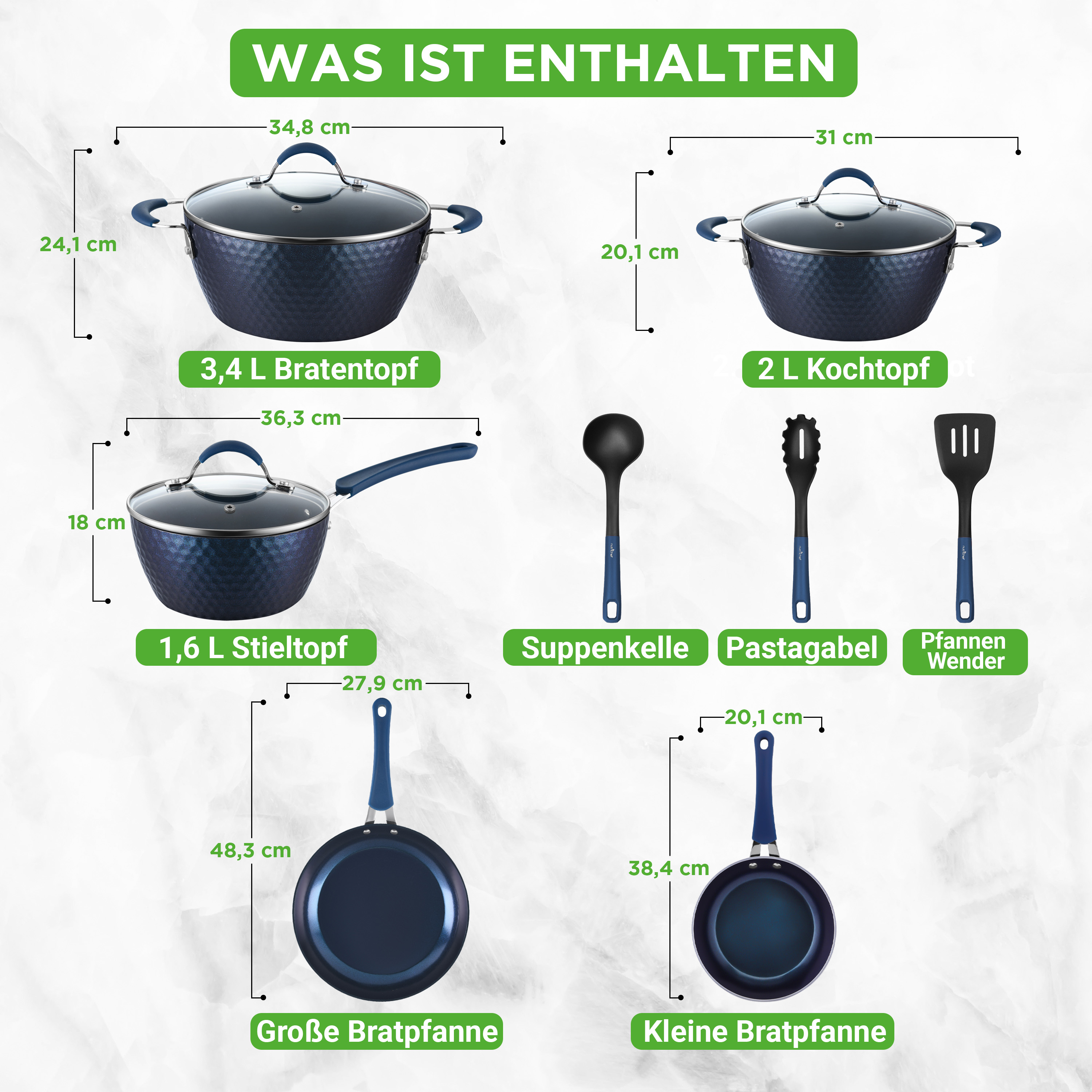 Das Bild zeigt ein Kochgeschirr-Set mit Töpfen, Pfannen und Utensilien.