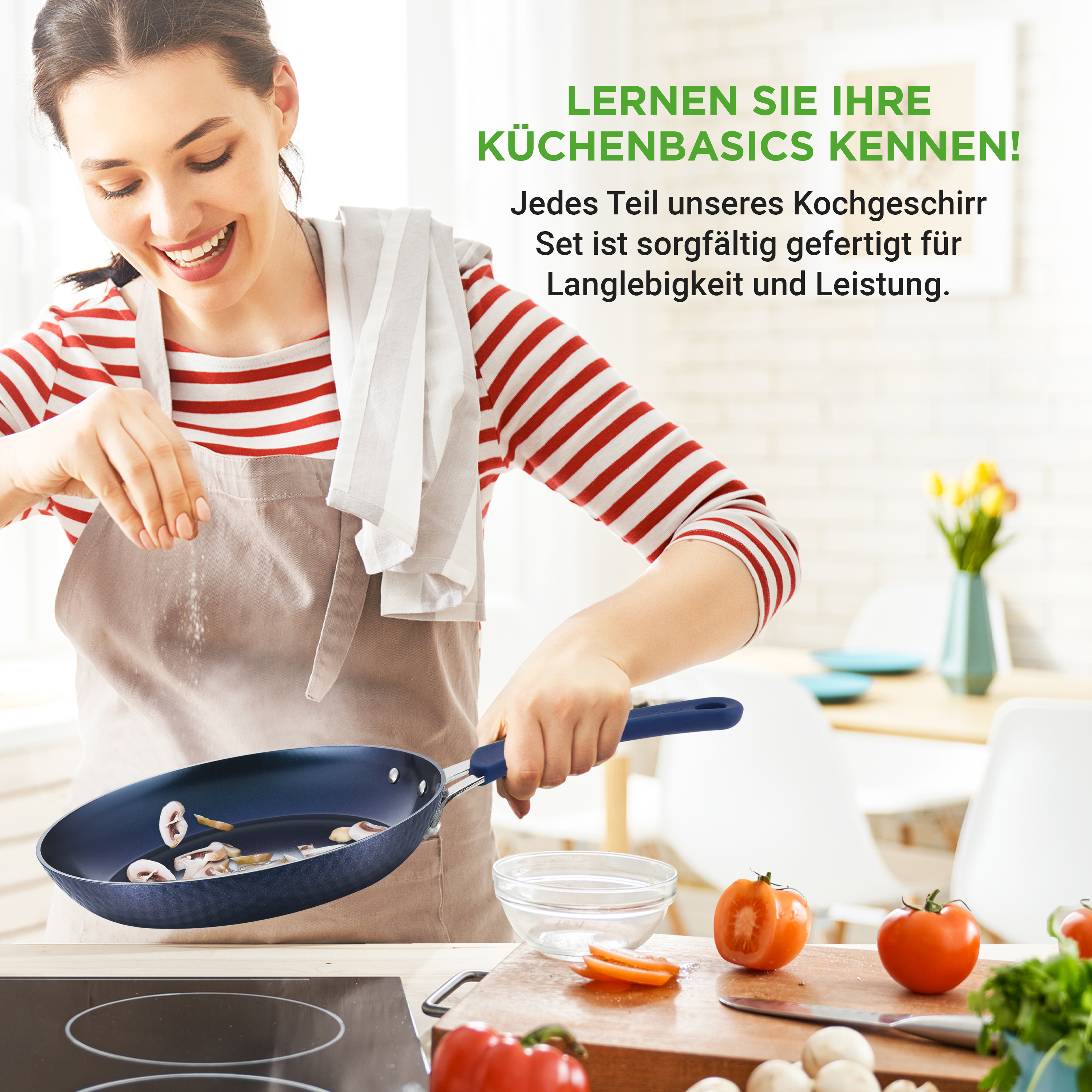 Eine Frau mit Schürze würzt Pilze in einer Pfanne, während sie kocht.