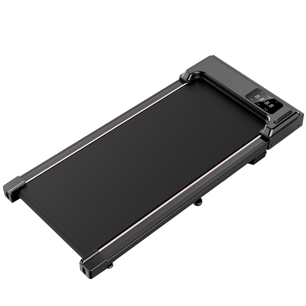 Schwarzer Laufband mit rosa Akzent und digitaler Anzeige.
