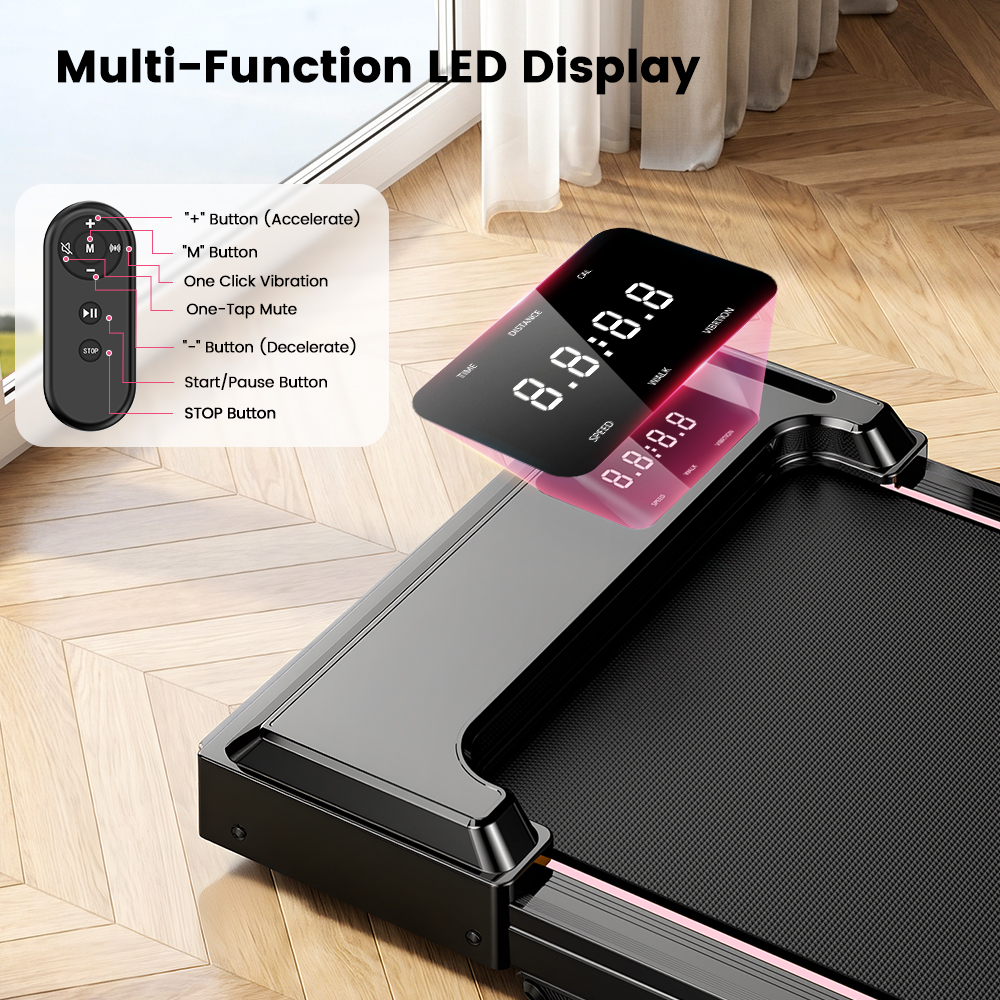 Ein schwarzer Handheld-Controller mit Tastenbeschriftungen liegt neben einem Laufband mit LED-Display.