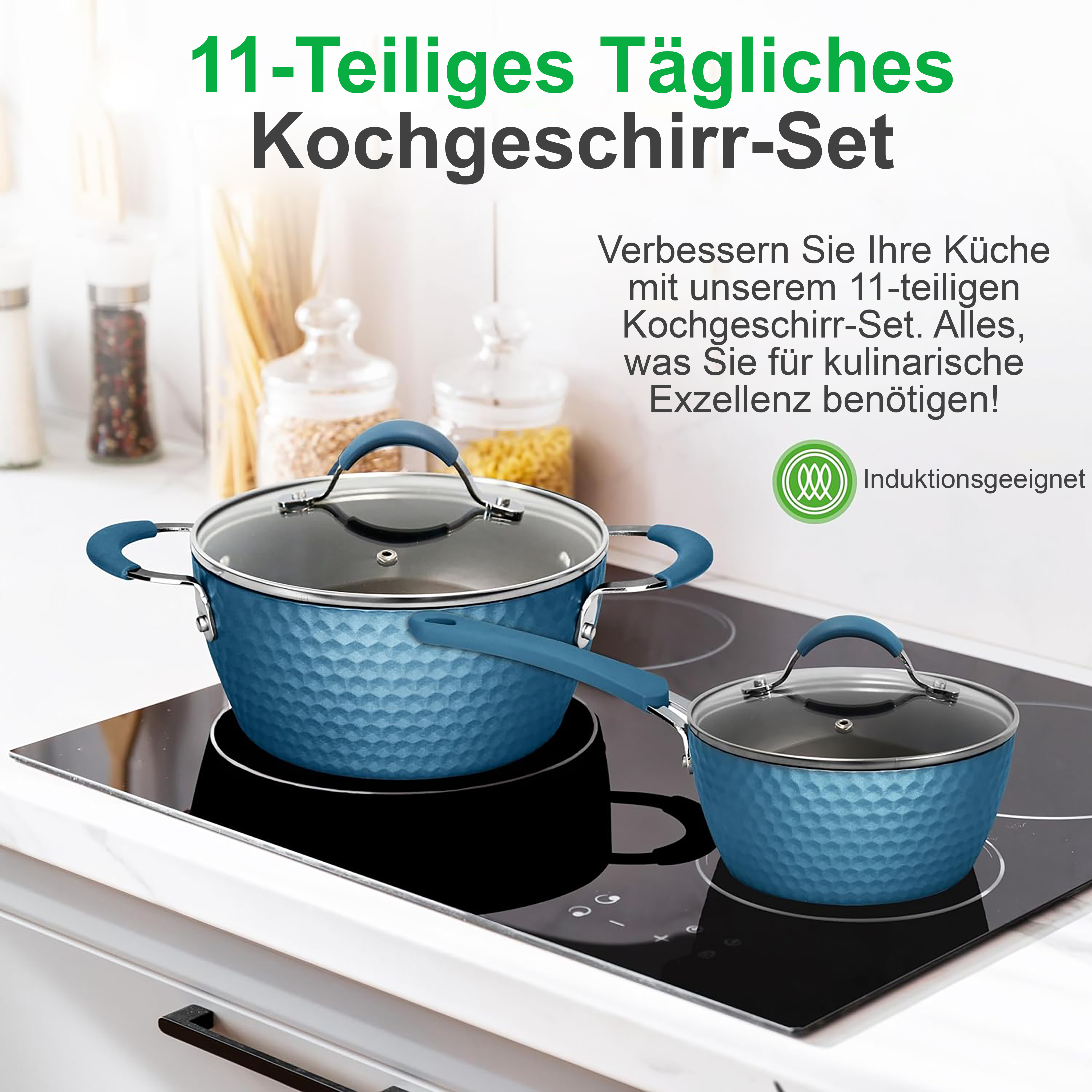 Blaues Kochgeschirr-Set mit Deckeln auf Induktionskochfeld.