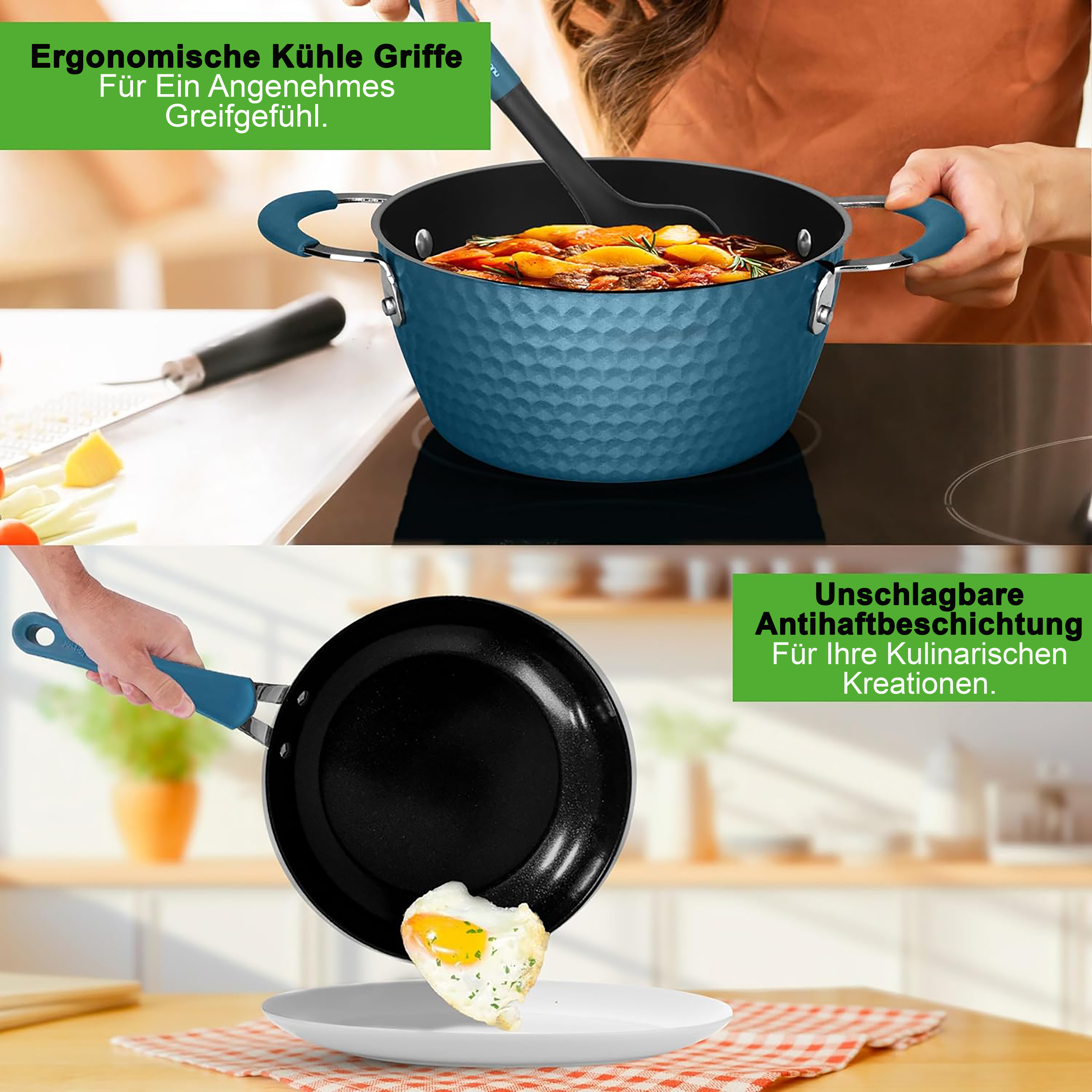 Eine blaue Kochtopf und eine Bratpfanne mit einem Spiegelei werden gezeigt.