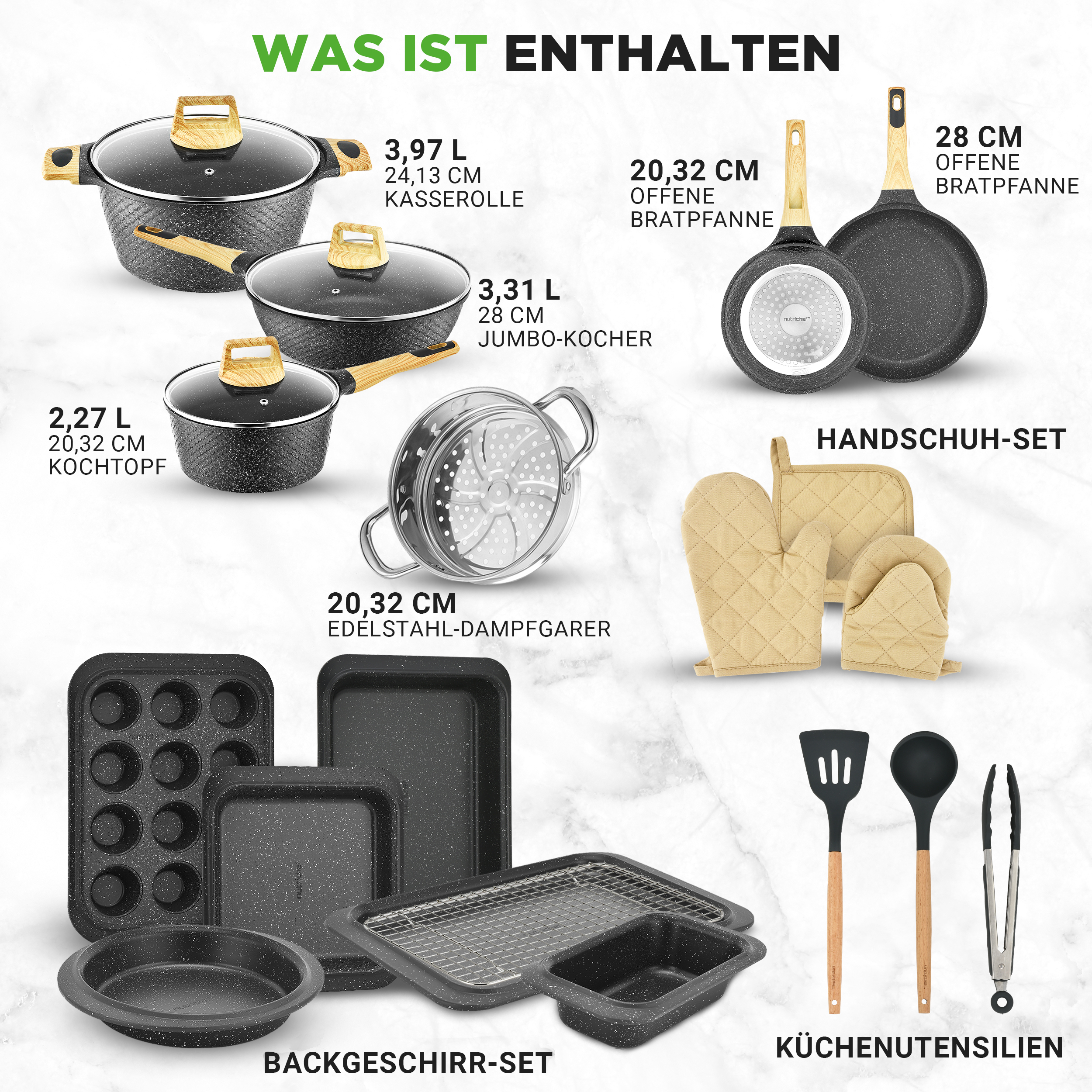 Küchenutensilien-Set mit Kochgeschirr, Backformen, Handschuhen und Kochutensilien.
