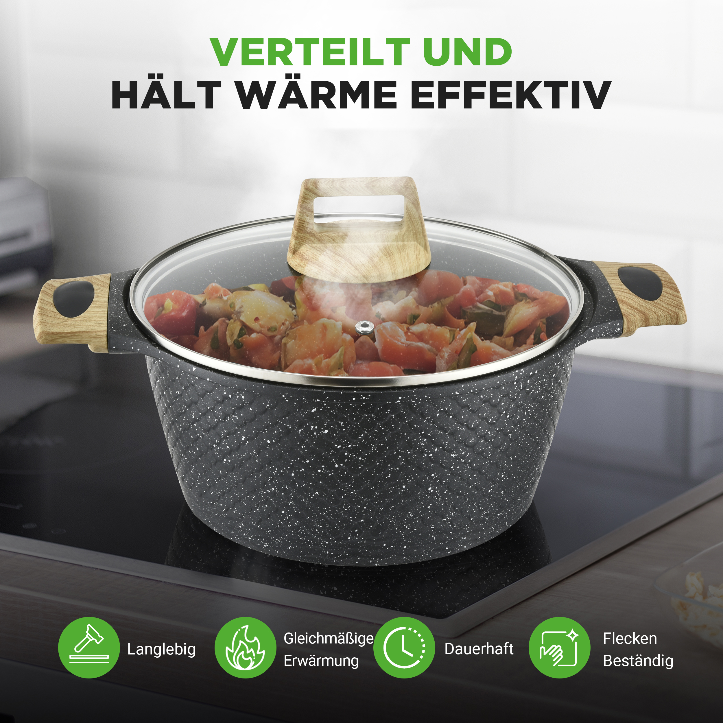 Ein gesprenkelter Topf mit Glasdeckel, gefüllt mit Essen, steht auf einem Herd.