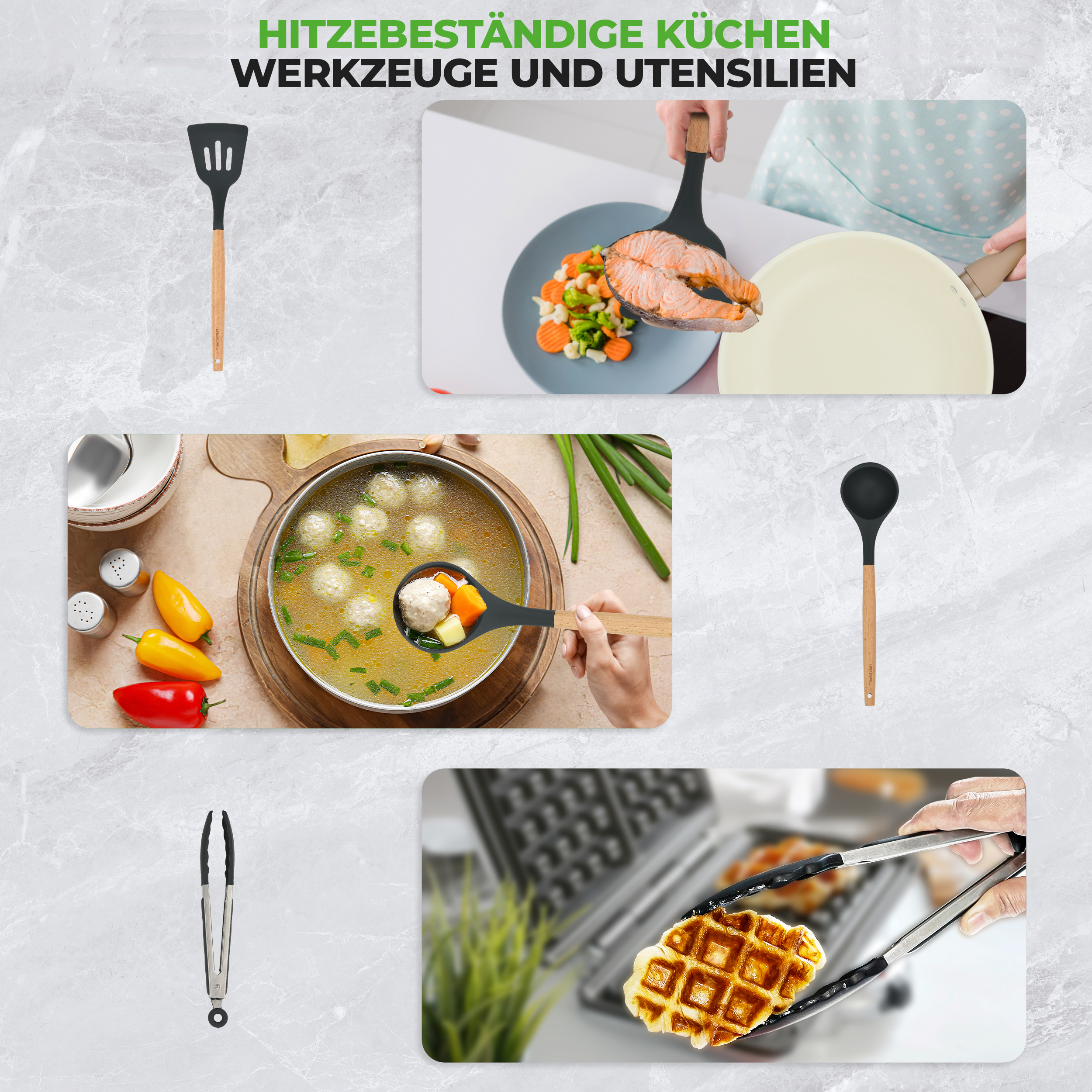 Küchenutensilien wie Spatel, Schöpfkelle, Zange und Waffeleisen.