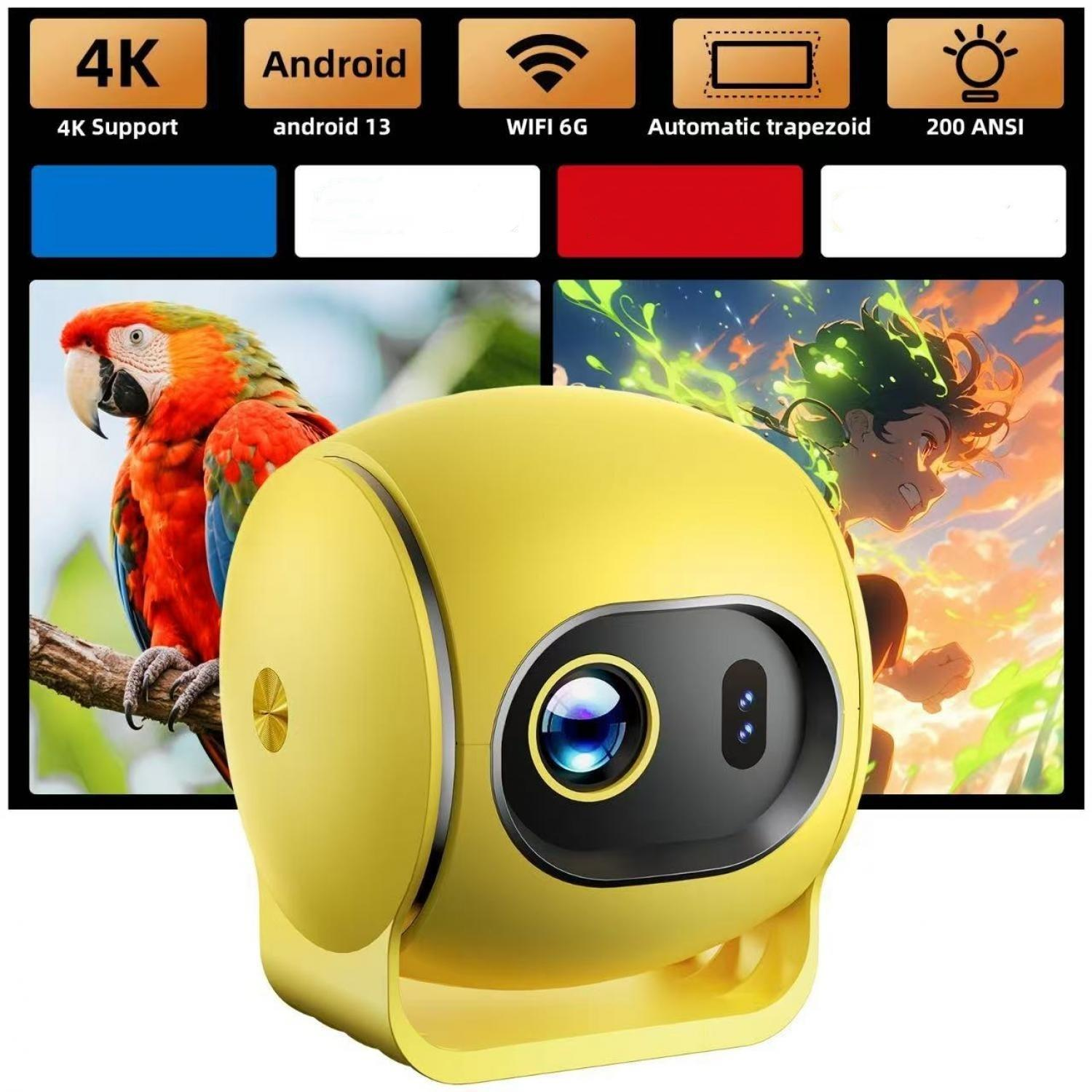 Gelber Projektor zeigt Papagei und Anime-Figur. Bietet 4K, Android, WiFi 6G.