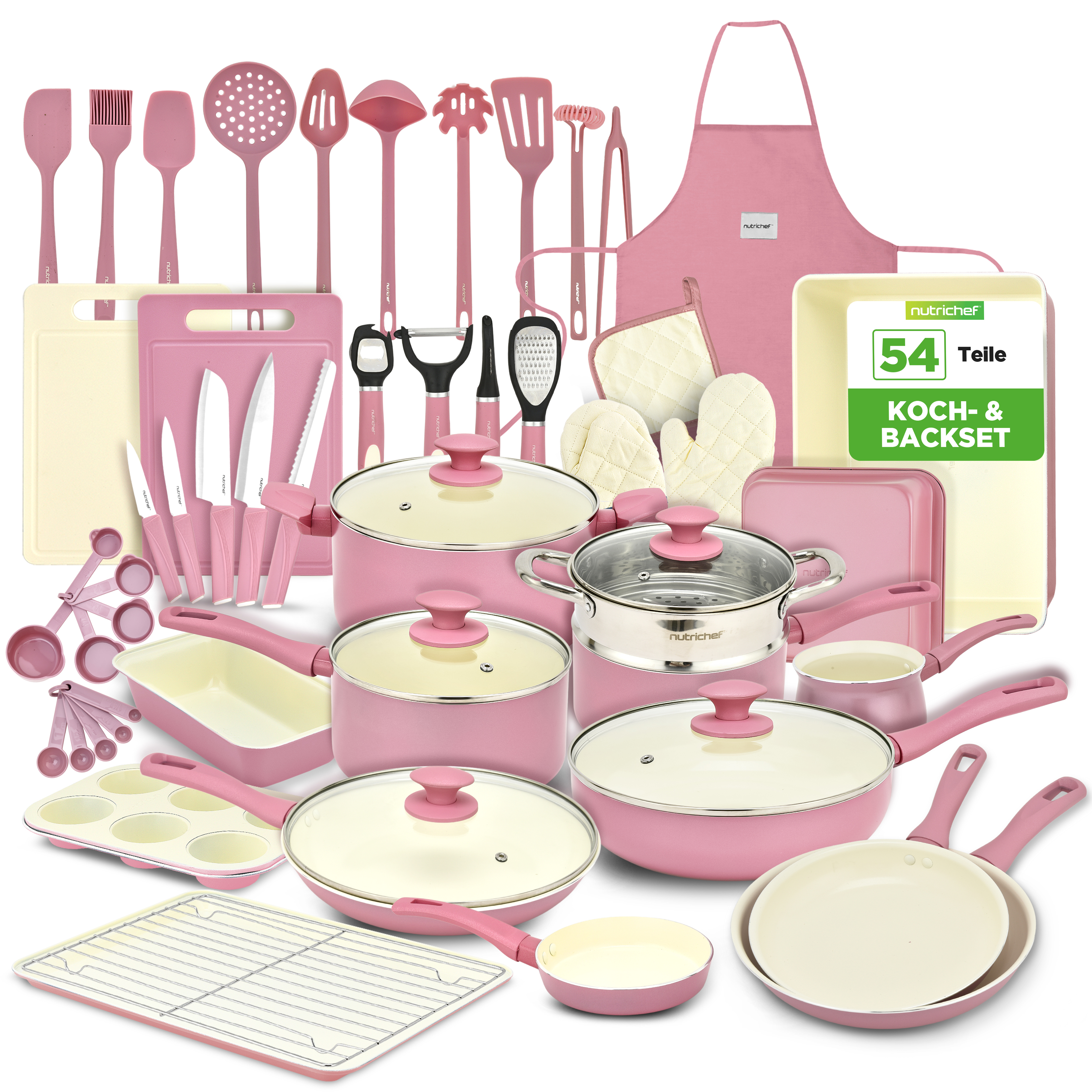 Eine Sammlung von rosa Kochutensilien und Backformen, darunter Töpfe, Pfannen, Schneidebretter und Messer.