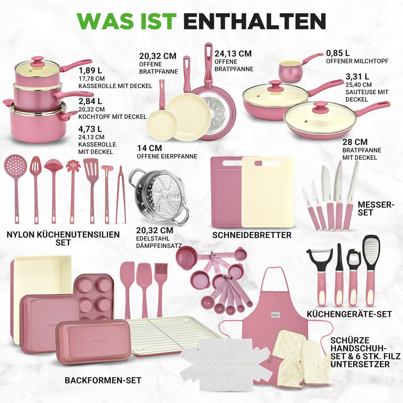 Rosa Kochgeschirr-Set mit Töpfen, Pfannen, Schneidebrettern, Messern, Utensilien, Backformen, Schürze und Handschuhen.
