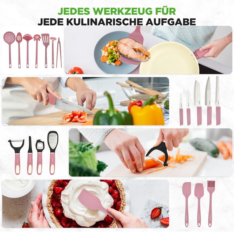Collage von Küchenutensilien in Rosa: Kochutensilien, Messer, Schäler, Tortenverzierung.