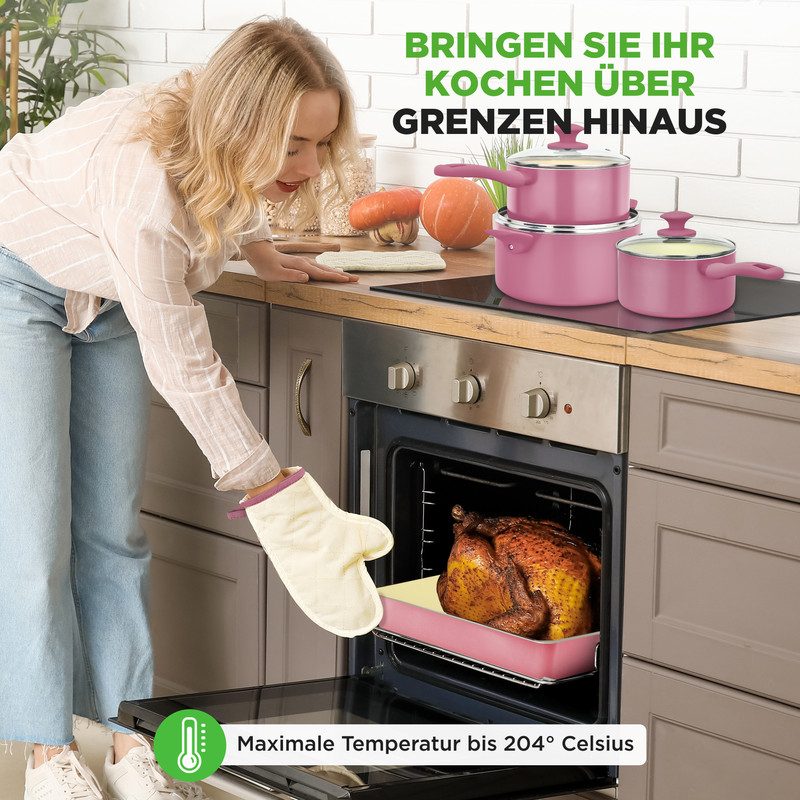 Eine Frau mit Ofenhandschuh zieht einen Braten aus dem Ofen. Rosa Töpfe stehen auf dem Herd.