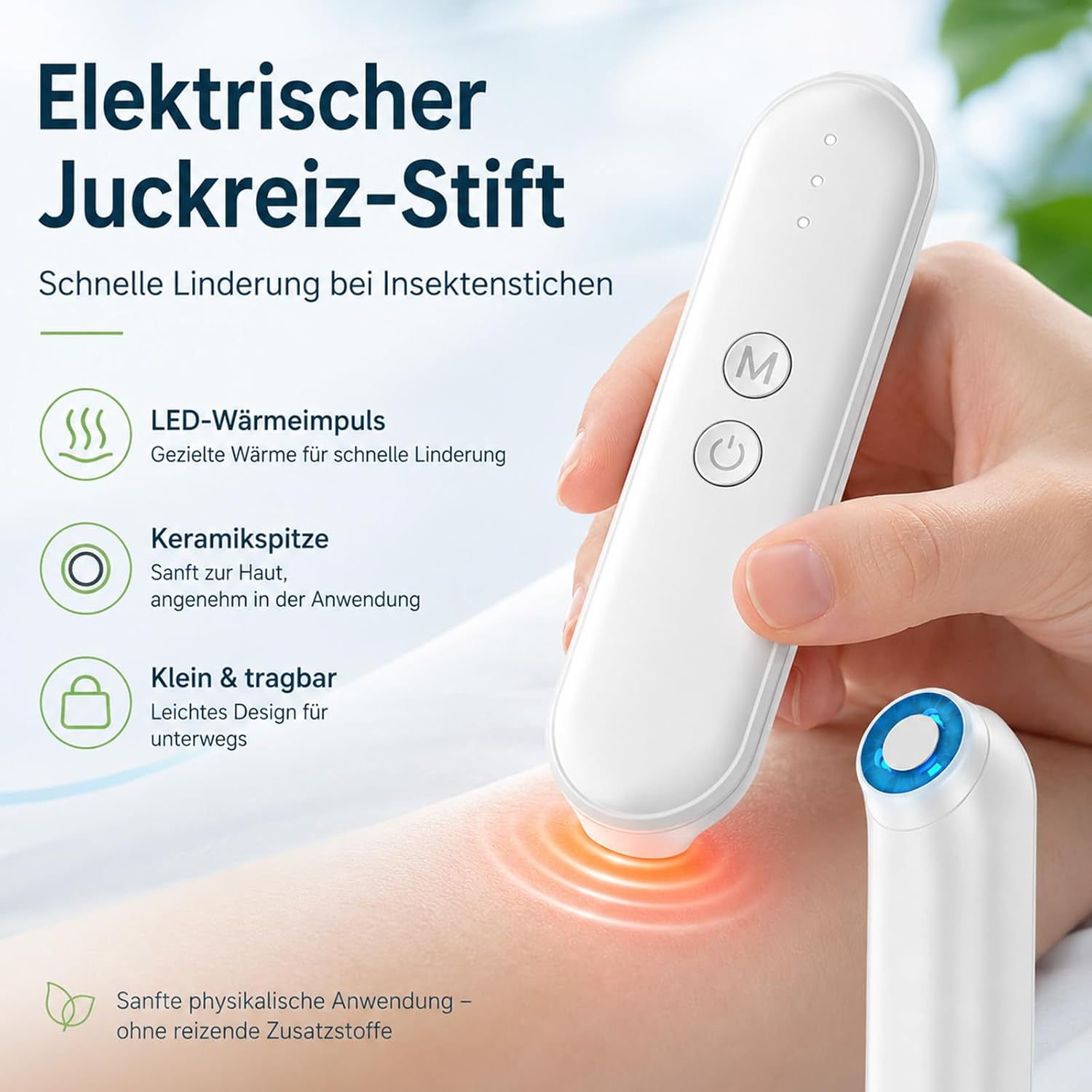 Ein weißer Juckreizstift mit LED-Wärmeimpuls wird auf die Haut angewendet.