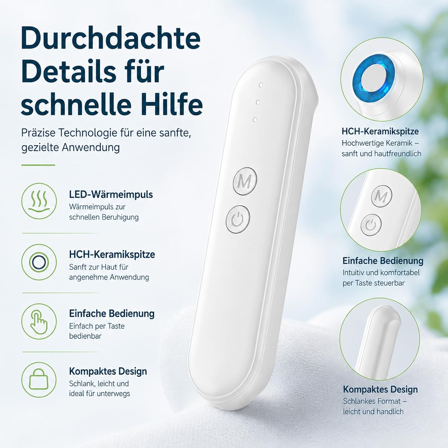 Ein weißes Hautpflegegerät mit detaillierter Beschreibung seiner Funktionen wie LED-Wärmeimpuls.
