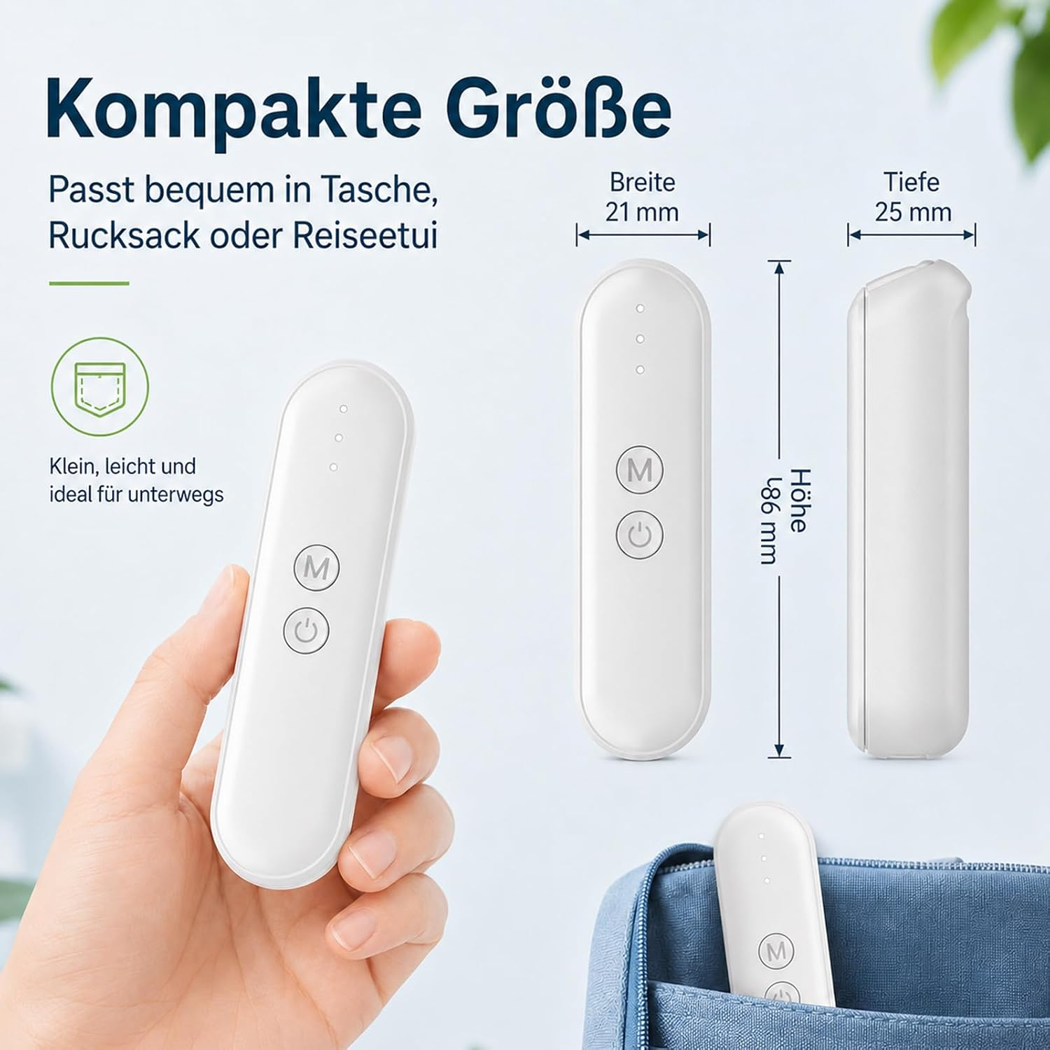 Weiße, kompakte Handheld-Geräte mit Maßen und Knöpfen, in einer Hand und Tasche.