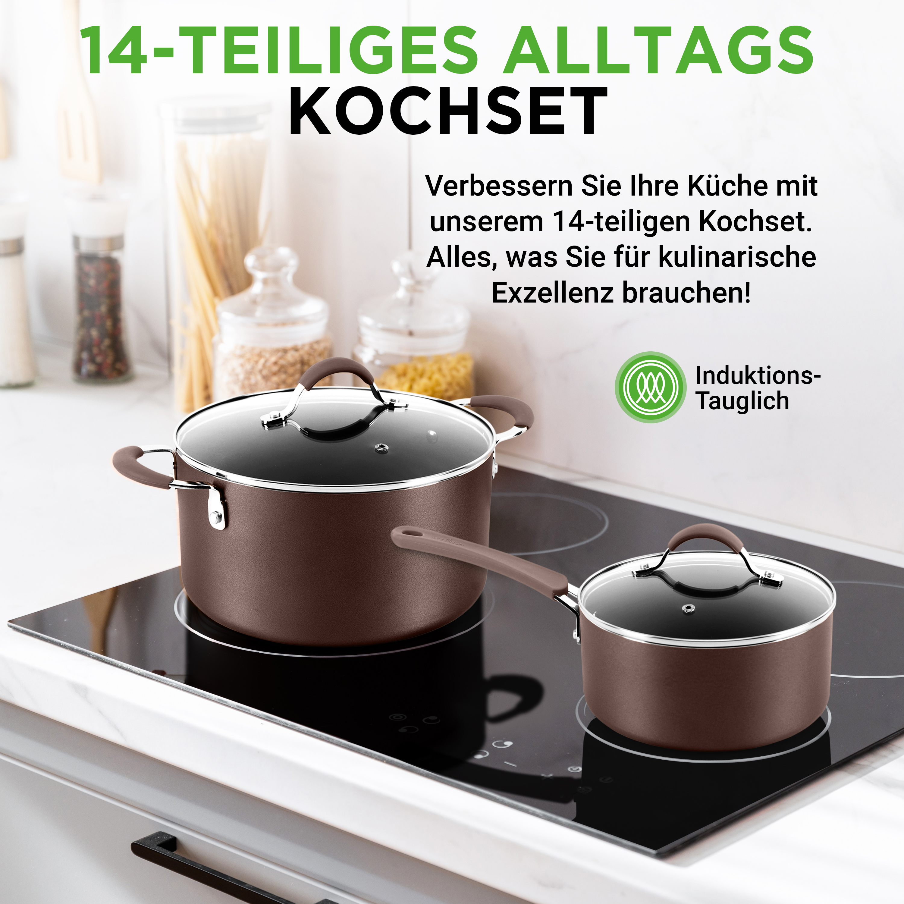 Braune Kochtopfe auf einem Induktionskochfeld, mit Text über ein Kochset.