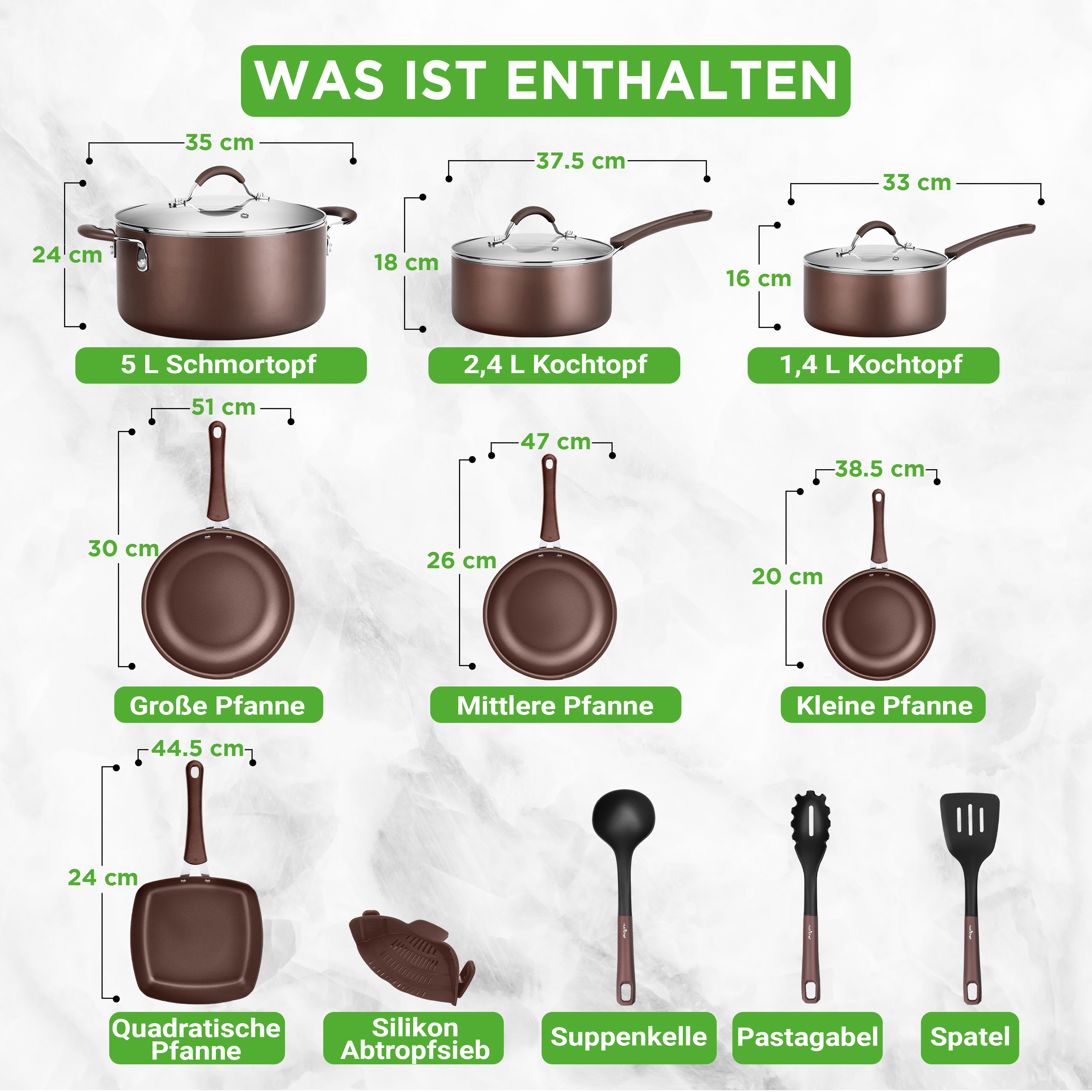 Übersicht über Kochgeschirr: Töpfe, Pfannen, Sieb und Küchenhelfer.