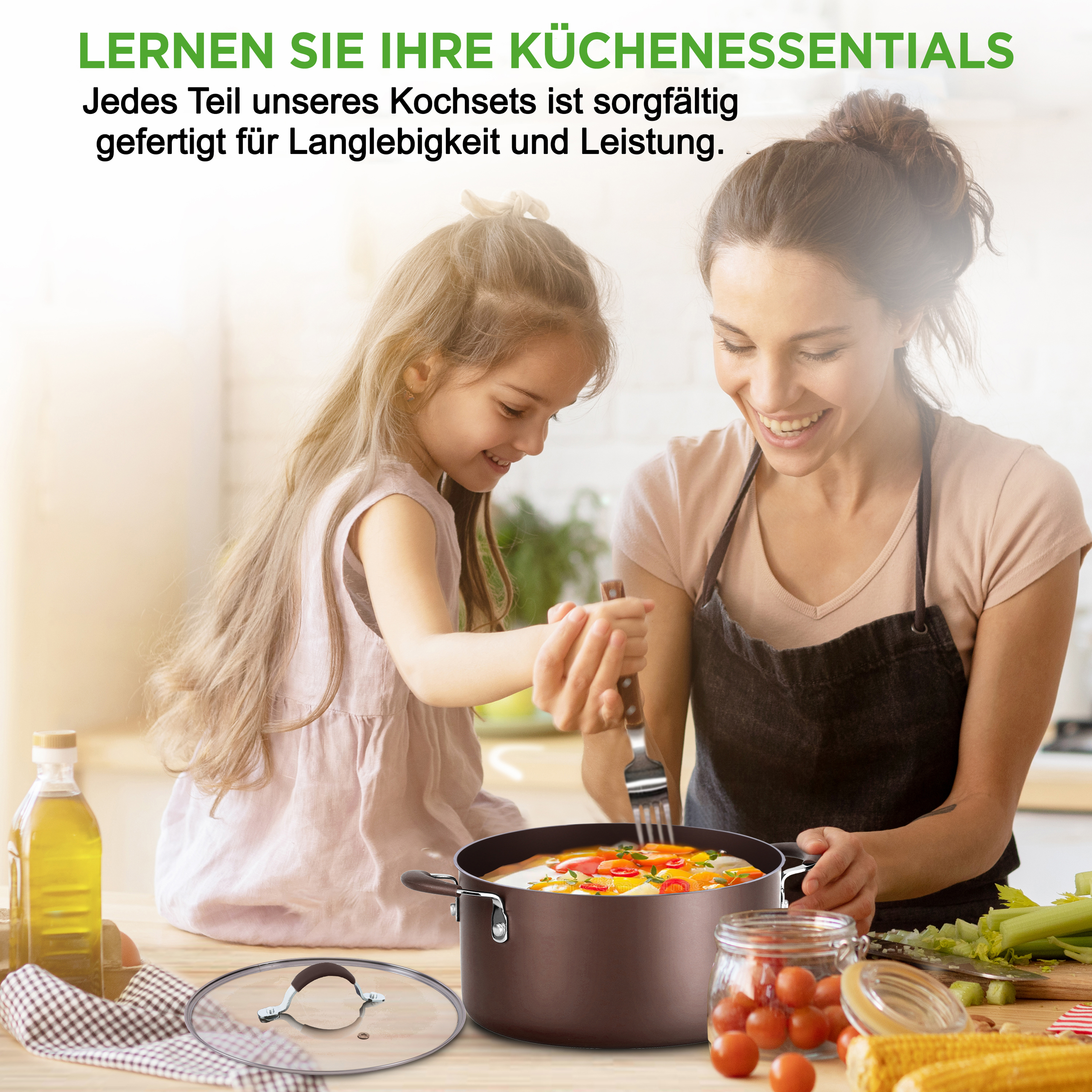 Mutter und Kind kochen zusammen in der Küche. Ein Kochtopf mit Gemüse steht auf dem Herd.