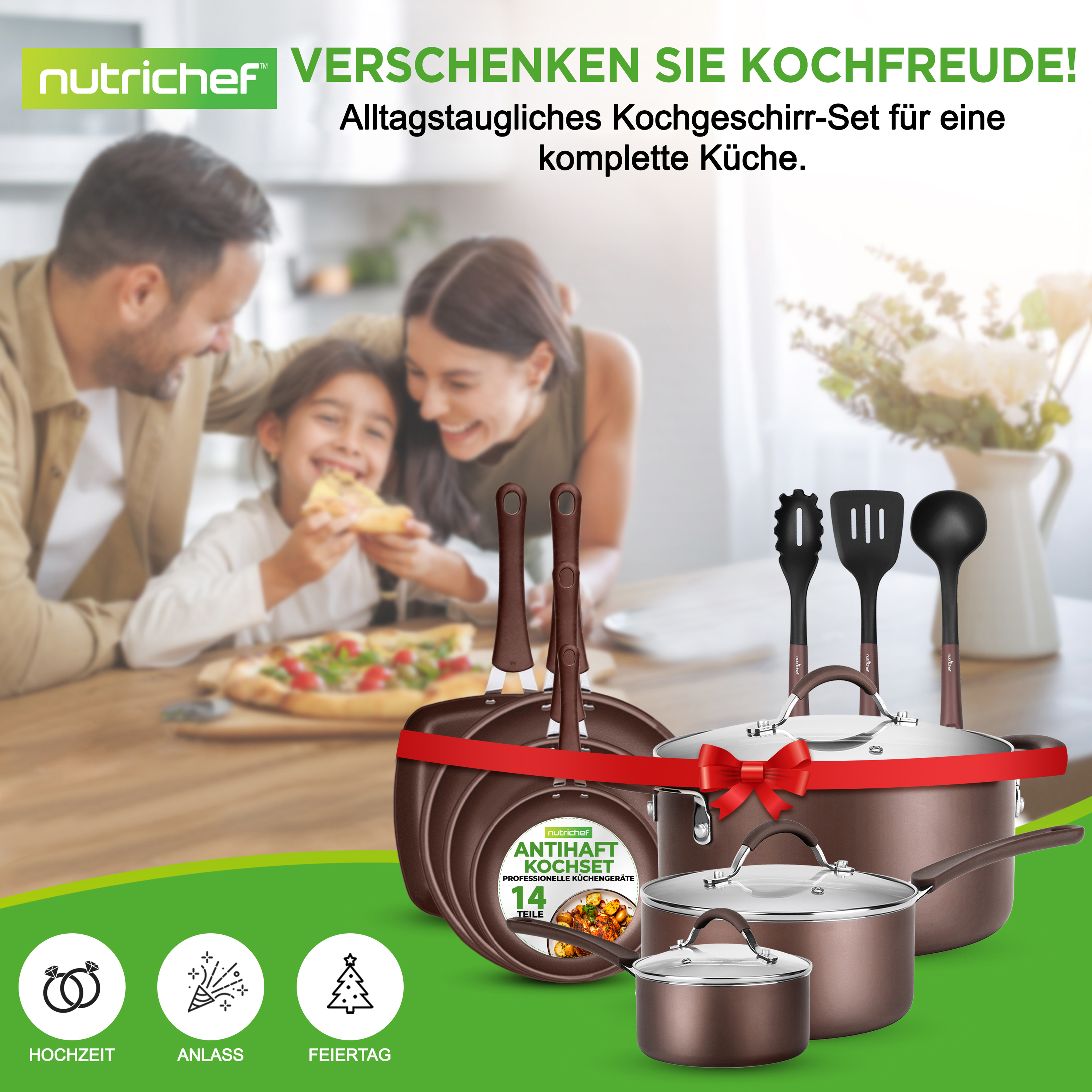 Familie isst Pizza, Kochgeschirr-Set mit rotem Band, Blumen im Hintergrund.