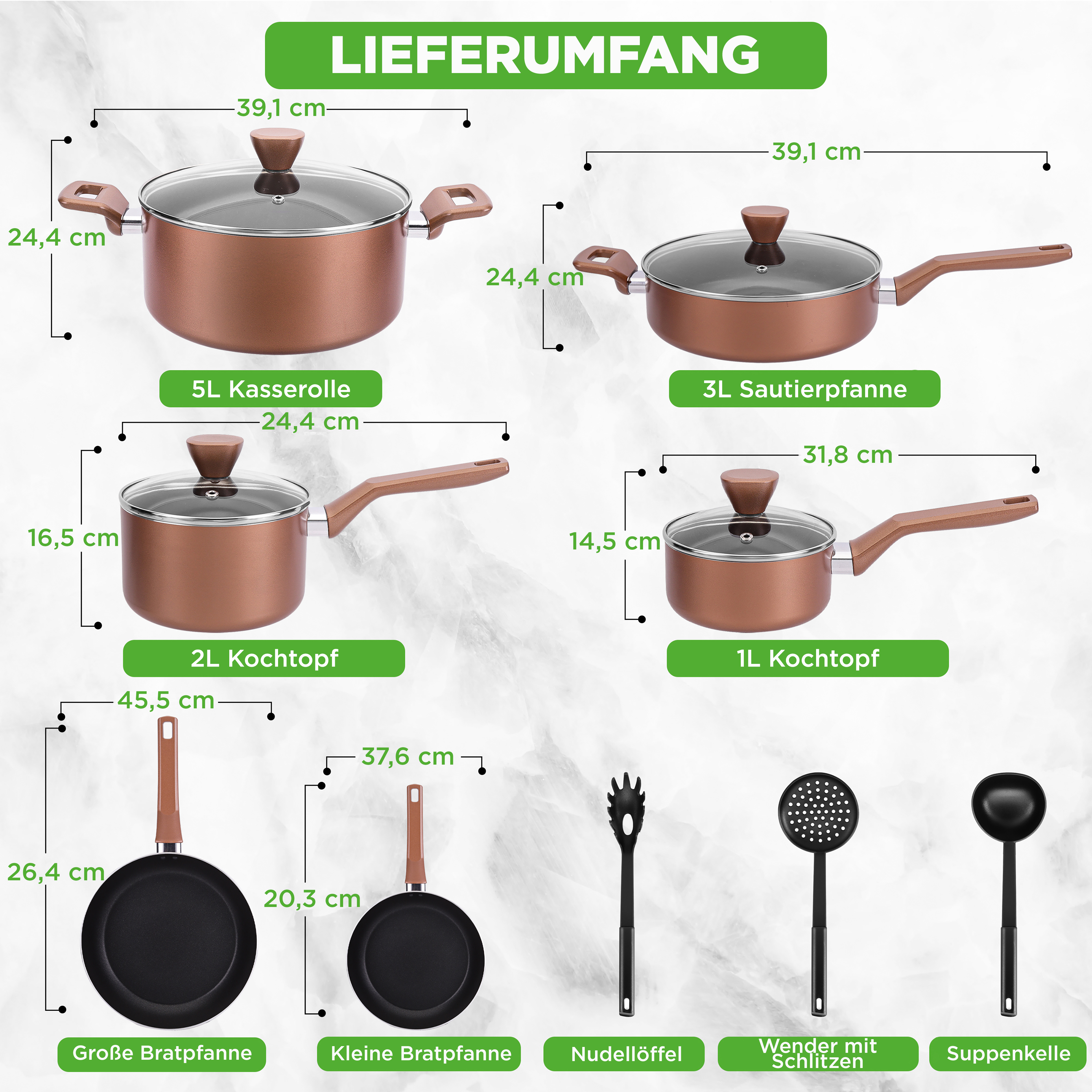 Kupferfarbene Kochutensilien: 5L Topf, 3L Pfanne, 2L Topf, 1L Pfanne, 2 Bratpfannen, Nudellöffel, Wender, Suppenkelle.