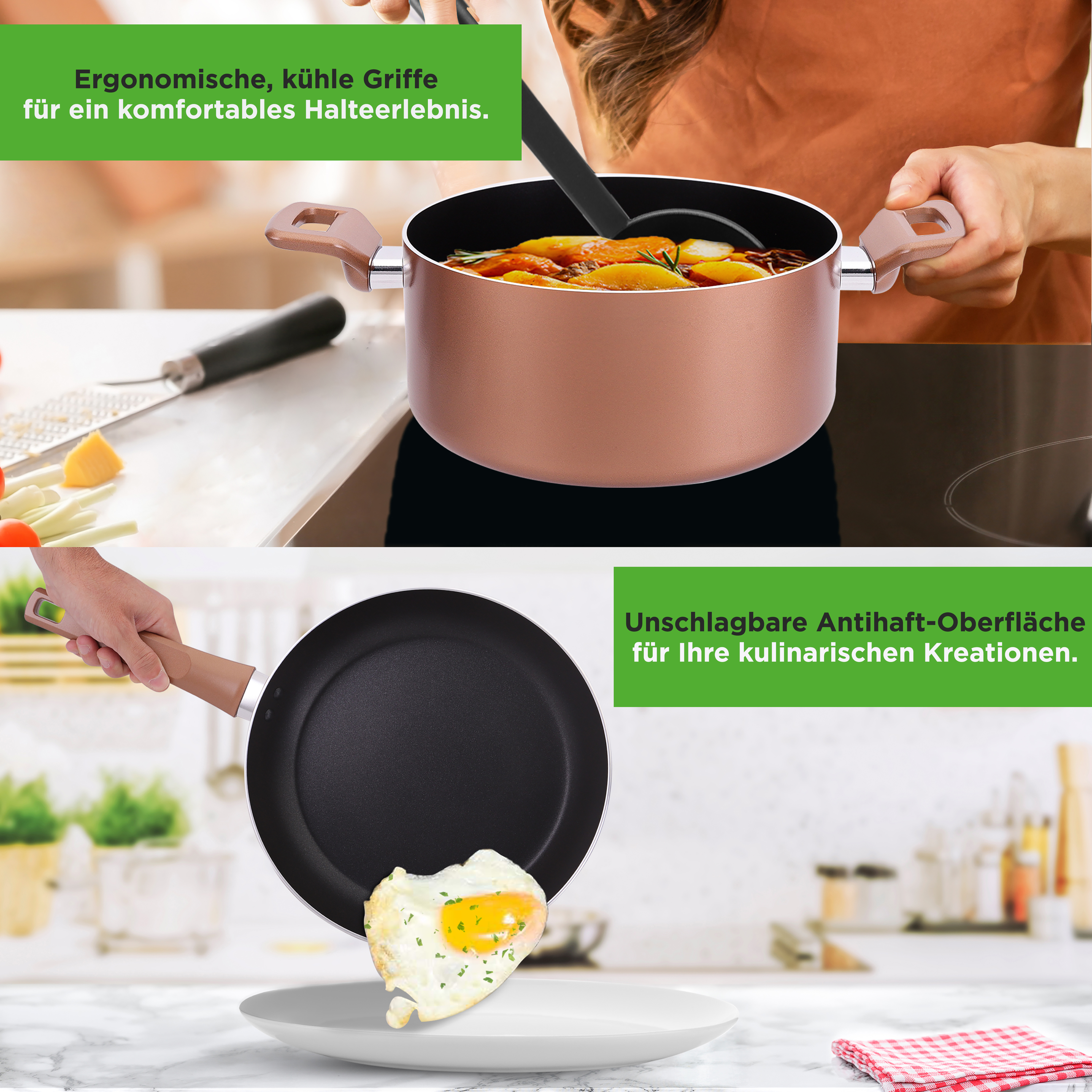 Eine Hand hält einen Bratpfannenhenkel. Oben ein Topf mit Essen und ein Löffel.