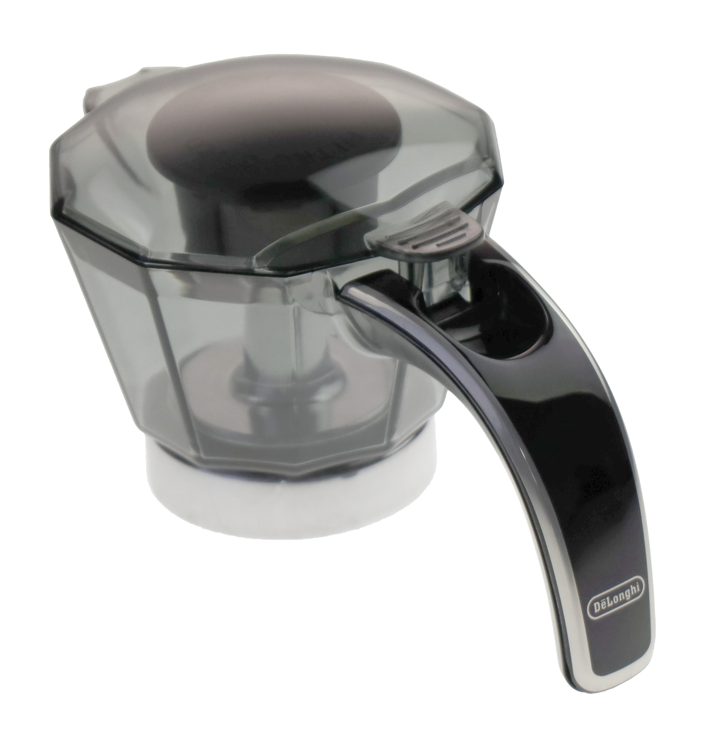 Ein transparenter und schwarzer Kaffeefilterbehälter von DeLonghi mit Griff.
