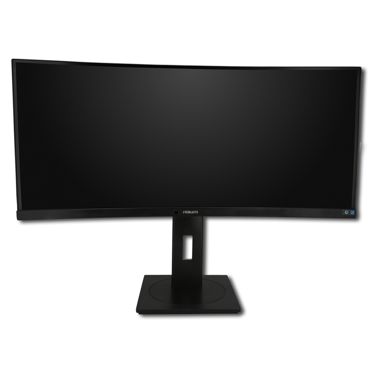 Ein schwarzer, gebogener Computermonitor mit einem schlanken Ständer auf weißem Hintergrund.