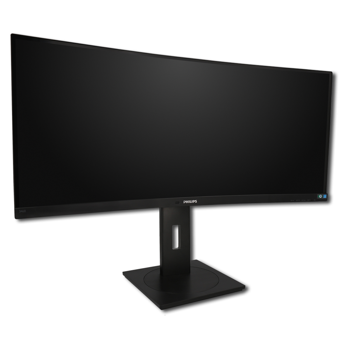 Ein schwarzer, gebogener Philips-Monitor auf einem Ständer vor weißem Hintergrund.