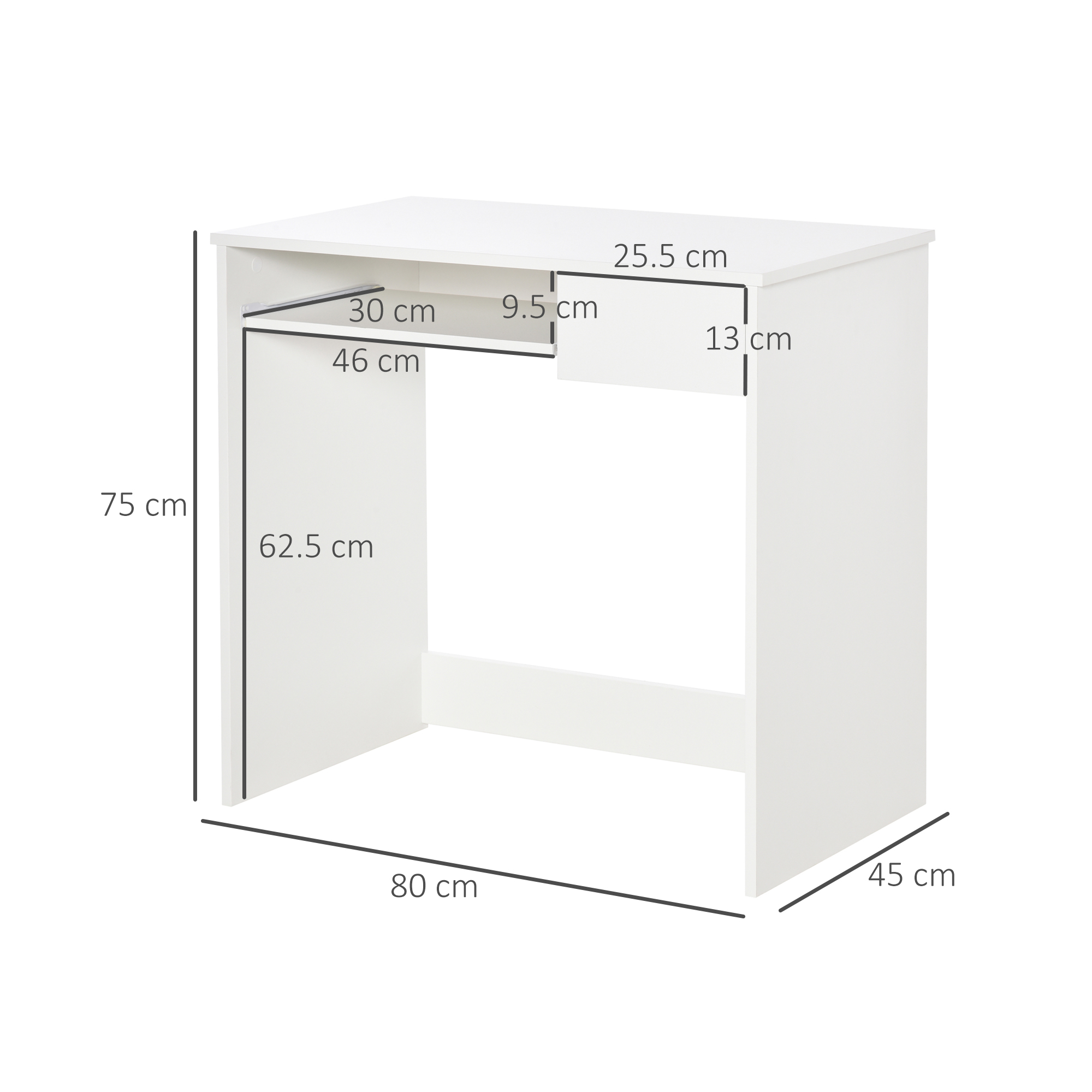 Una scrivania bianca con dimensioni: H75cm, L80cm, P45cm. Con cassetti.