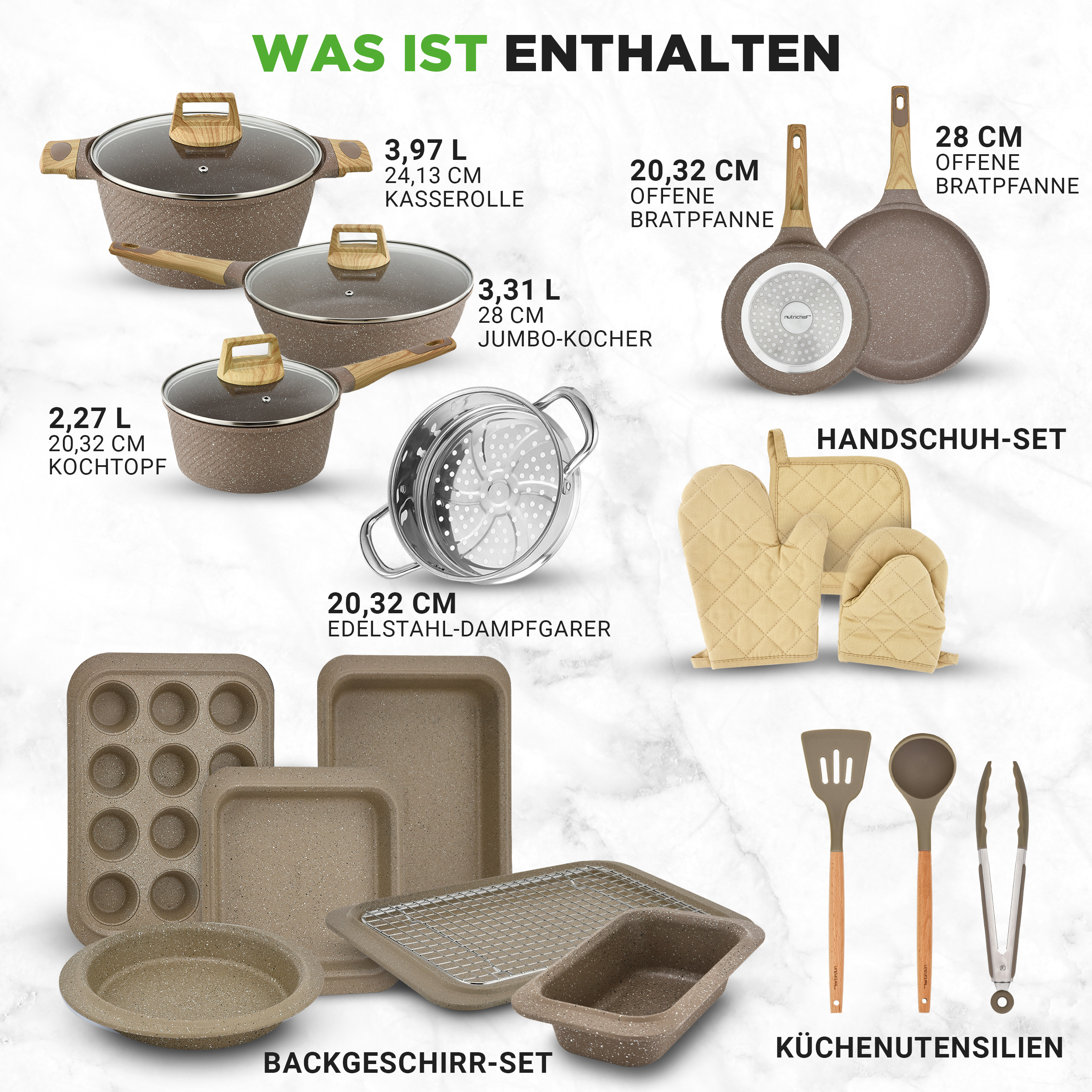Eine Kollektion von Kochgeschirr, Backutensilien und Küchenhelfern in Braun-Grau.