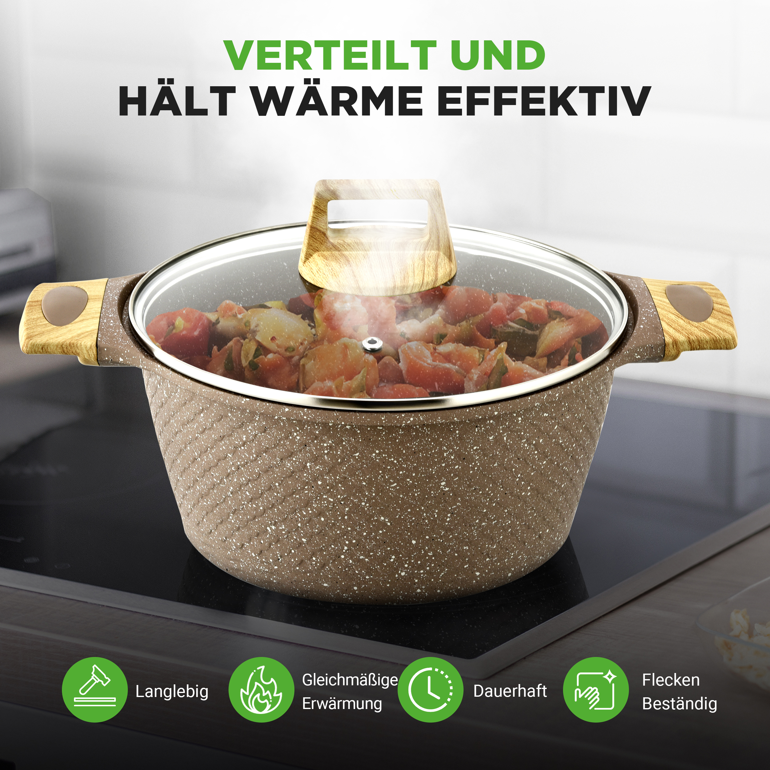 Grauer Topf mit Deckel und Holzgriffen, gefüllt mit Gemüse, auf einem Herd.
