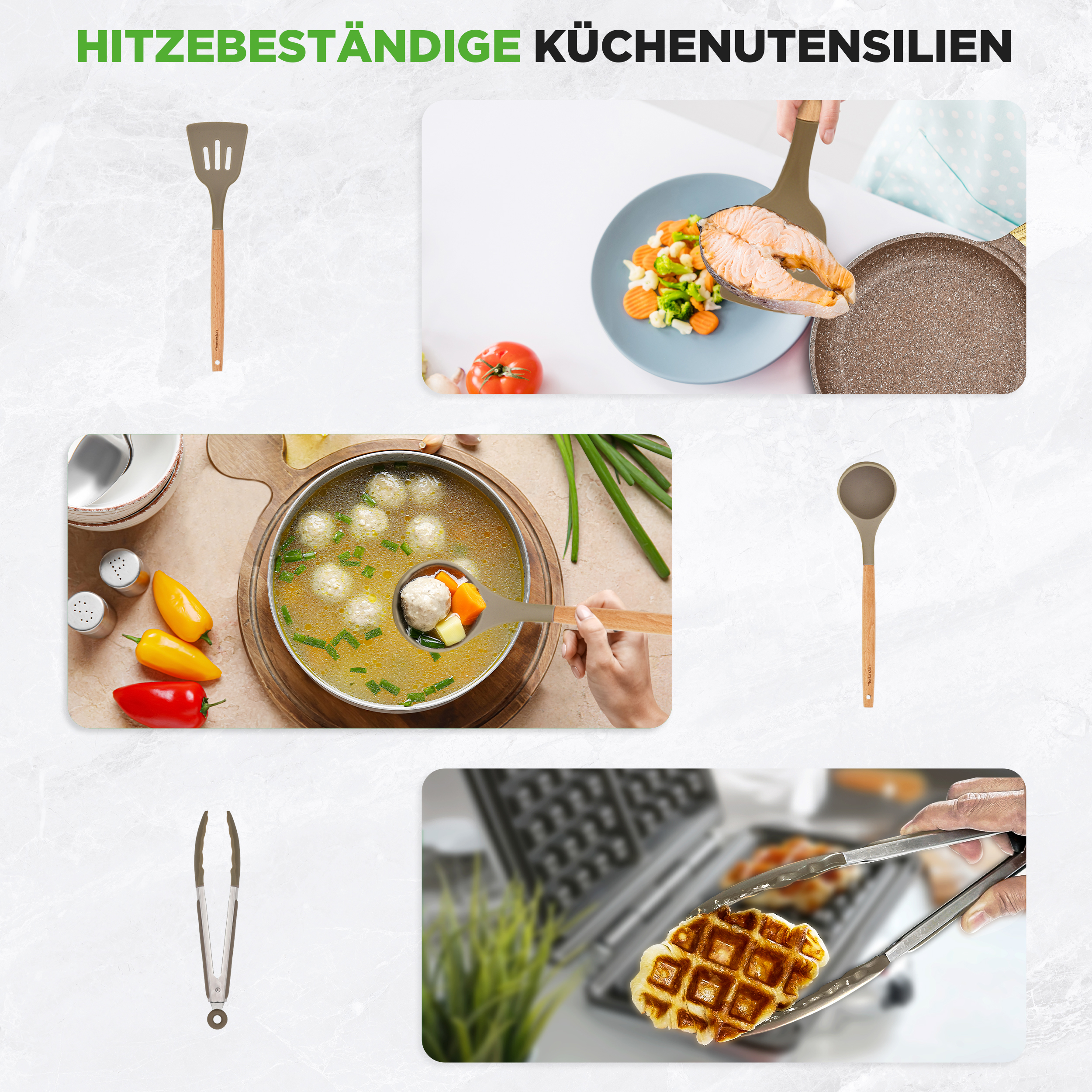 Küchenutensilien: Pfannenwender, Schöpflöffel, Zange, Suppe, Lachs, Waffel.