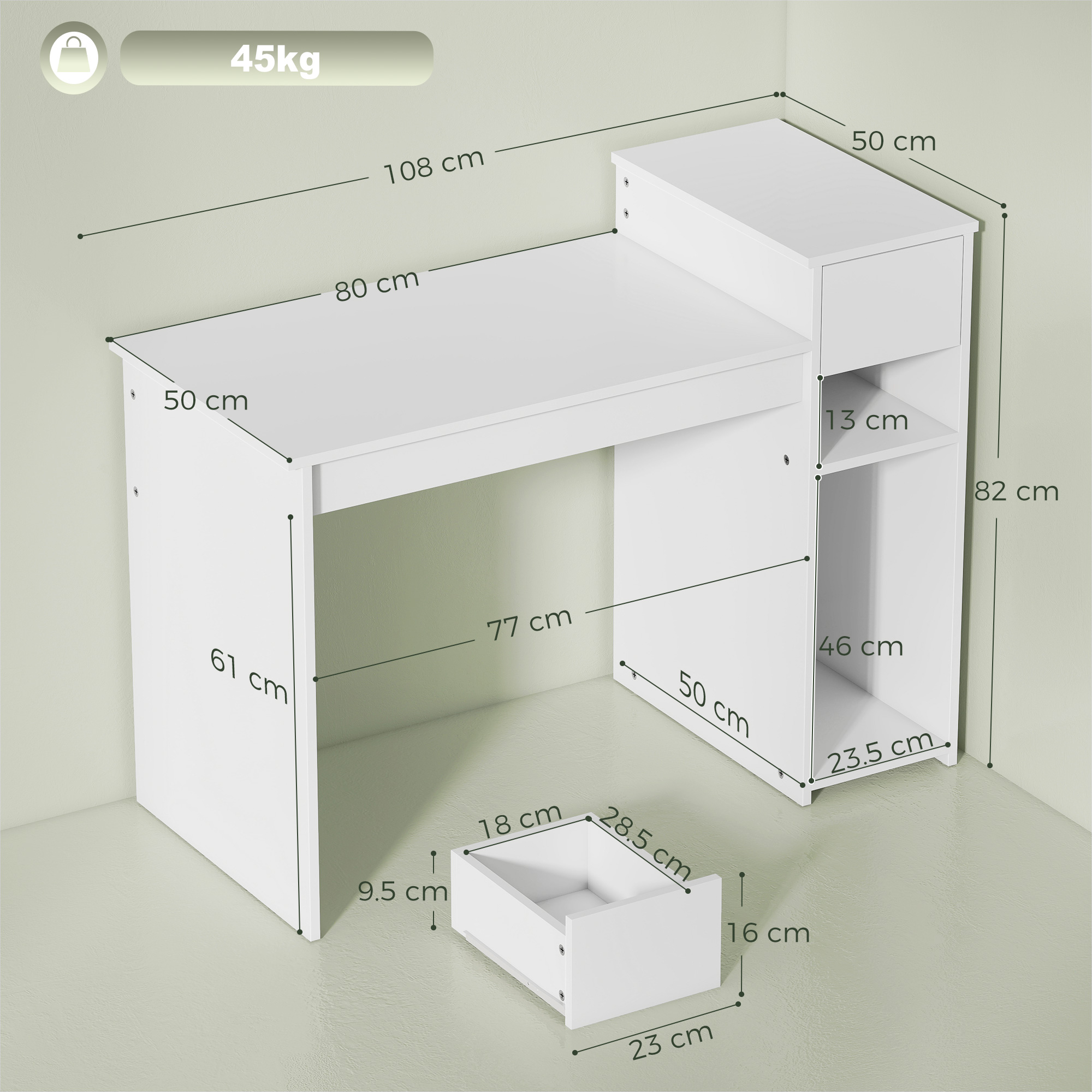 Una scrivania bianca con cassetto e scaffali, con dimensioni.