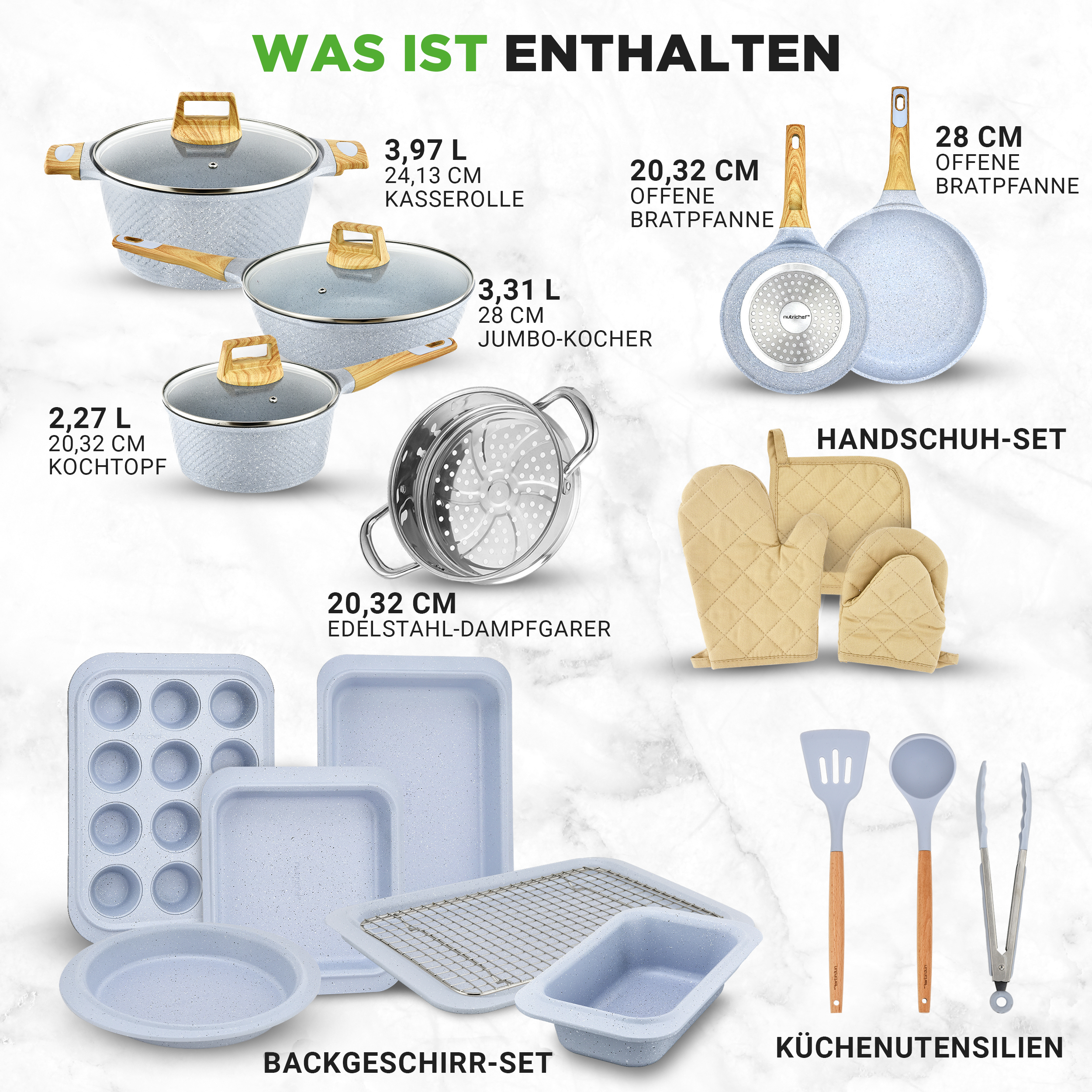 Eine Auswahl an Kochgeschirr und Küchenutensilien in Hellblau mit Holzdetails.