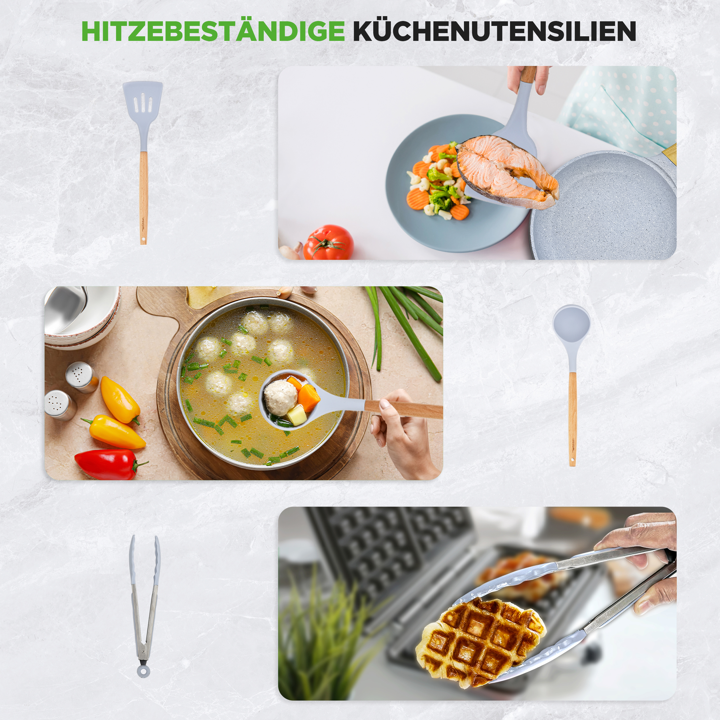 Hitzebeständige Küchenutensilien: Pfannenwender, Schöpfkelle, Zange, Suppenkelle.