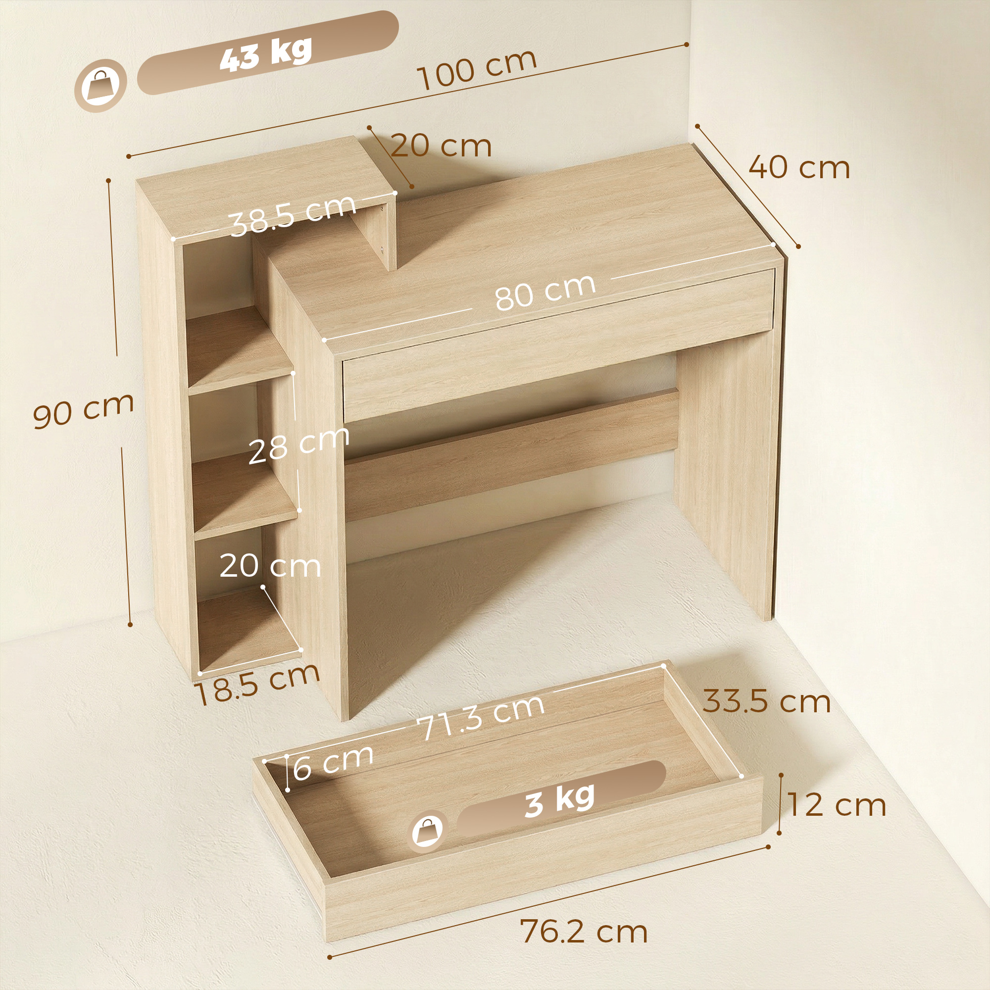Una scrivania in legno chiaro con cassetto e mensole. Dimensioni indicate.